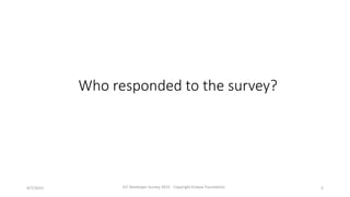 Who responded to the survey?
4/7/2015 IoT Developer Survey 2015 - Copyright Eclipse Foundation 5
 