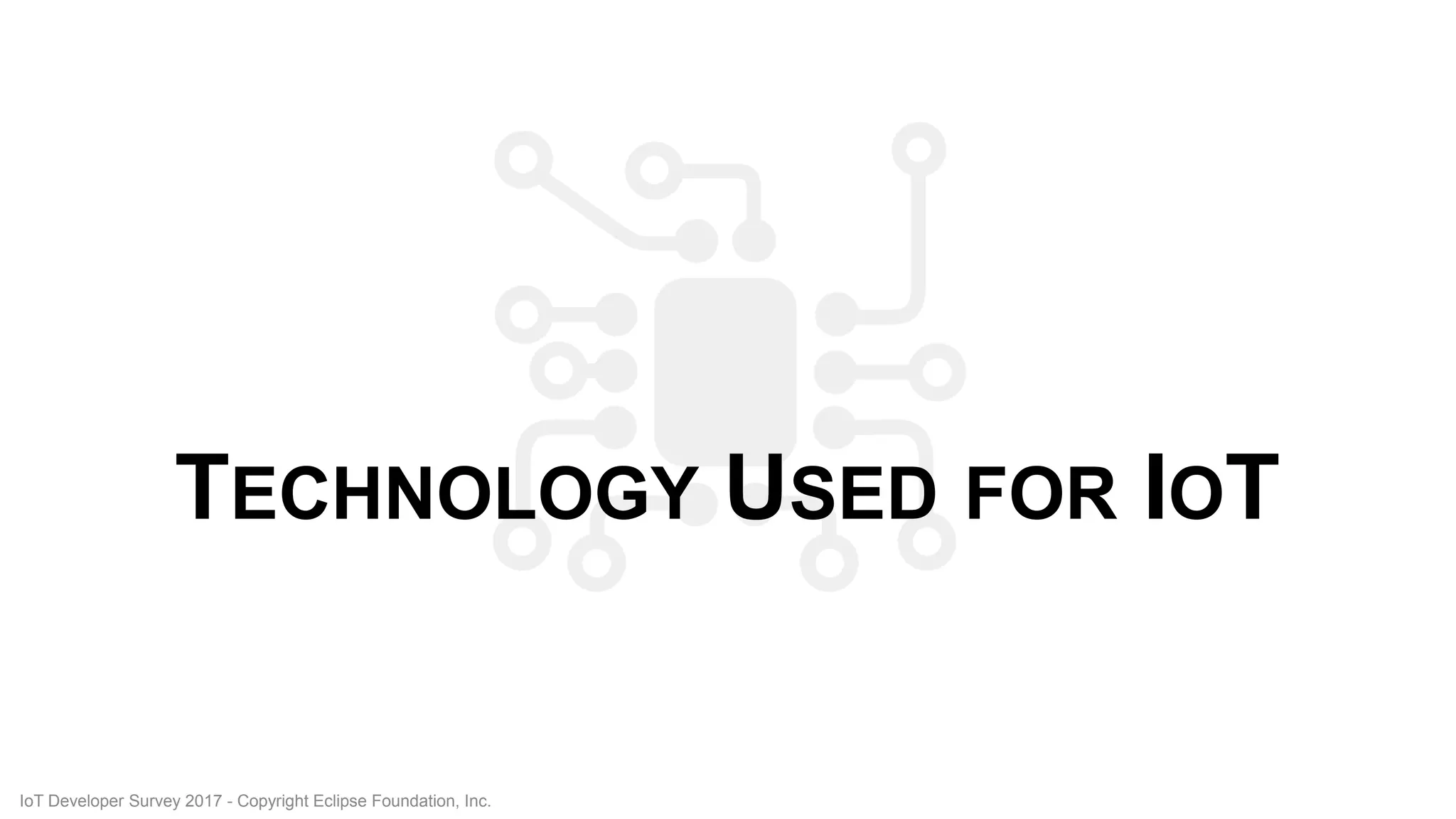 TECHNOLOGY USED FOR IOT
IoT Developer Survey 2017 - Copyright Eclipse Foundation, Inc.
 