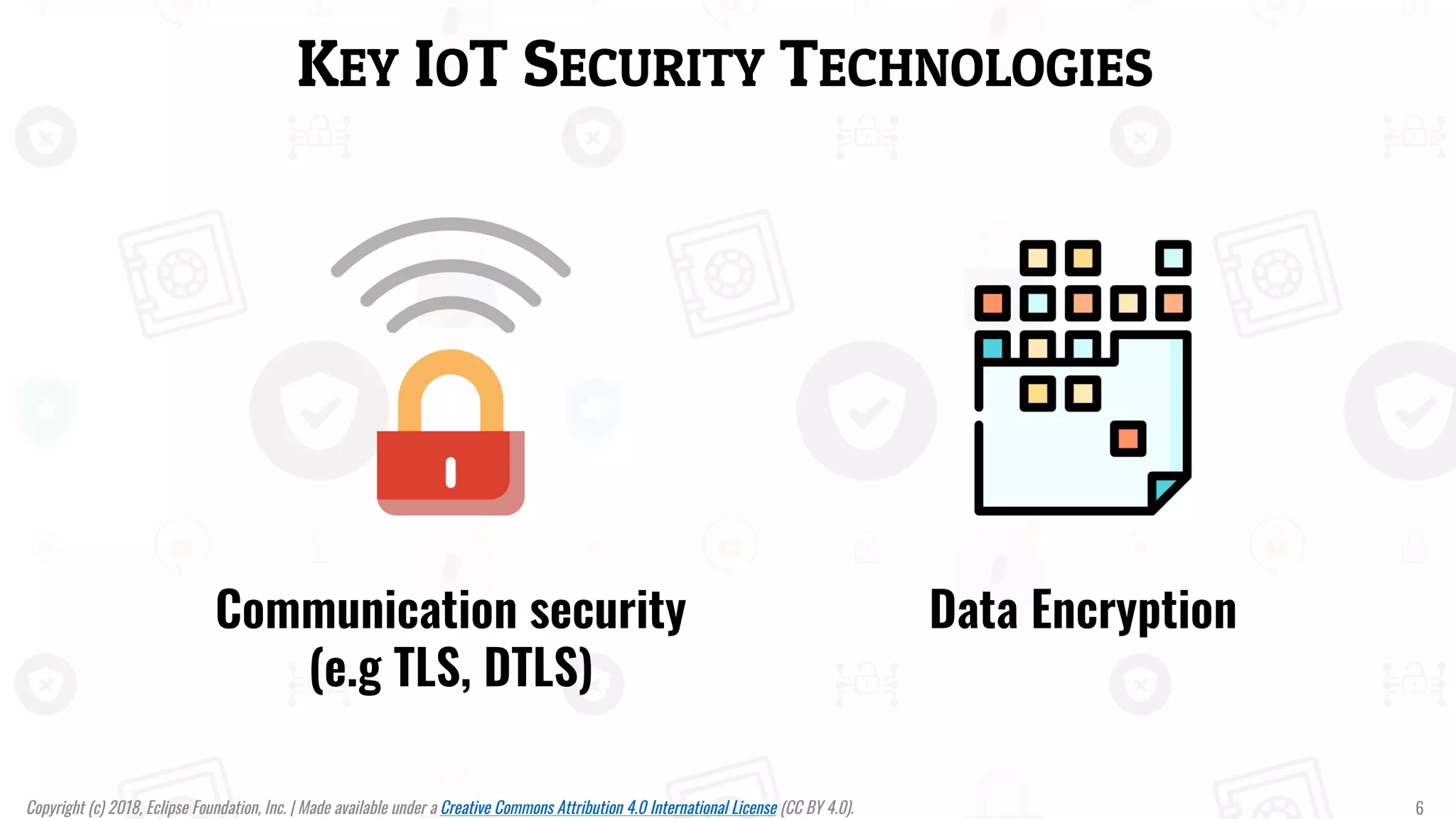 KEY IOT SECURITY TECHNOLOGIES
Communication security
(e.g TLS, DTLS)
Data Encryption
Copyright (c) 2018, Eclipse Foundation, Inc. | Made available under a Creative Commons Attribution 4.0 International License (CC BY 4.0). 6
 