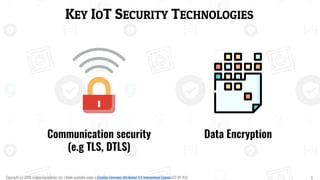 KEY IOT SECURITY TECHNOLOGIES
Communication security
(e.g TLS, DTLS)
Data Encryption
Copyright (c) 2018, Eclipse Foundation, Inc. | Made available under a Creative Commons Attribution 4.0 International License (CC BY 4.0). 6
 
