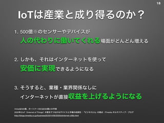 IoTは産業と成り得るのか？
1. 500億※のセンサーやデバイスが 
人の代わりに働いてくれる場面がどんどん増える
2. しかも、それはインターネットを使って 
安価に実現できるようになる
3. そうすると、業種・業界関係なしに 
インターネットが直接収益を上げるようになる
18
※Intelは500億、ガートナー/IDCは300億との予測
2020年にIoT（Internet of Things）の普及でつながるデバイスと市場の成長性：『ビジネス2.0』の視点：ITmedia オルタナティブ・ブログ
http://blogs.itmedia.co.jp/business20/2014/06/2020iotinternet-c56b.html
 