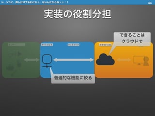 べ、べつに、押し付けてるわけじゃ、ないんだからねッッ！！
実装の役割分担
44
センサー ゲートウェイ ネットワーク クラウド / DC
利用者
普遍的な機能に絞る
できることは
クラウドで
 