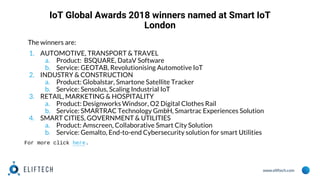 www.eliftech.com
IoT Global Awards 2018 winners named at Smart IoT
London
The winners are:
1. AUTOMOTIVE, TRANSPORT & TRAVEL
a. Product: BSQUARE, DataV Software
b. Service: GEOTAB, Revolutionising Automotive IoT
2. INDUSTRY & CONSTRUCTION
a. Product: Globalstar, Smartone Satellite Tracker
b. Service: Sensolus, Scaling Industrial IoT
3. RETAIL, MARKETING & HOSPITALITY
a. Product: Designworks Windsor, O2 Digital Clothes Rail
b. Service: SMARTRAC Technology GmbH, Smartrac Experiences Solution
4. SMART CITIES, GOVERNMENT & UTILITIES
a. Product: Amscreen, Collaborative Smart City Solution
b. Service: Gemalto, End-to-end Cybersecurity solution for smart Utilities
For more click here.
 