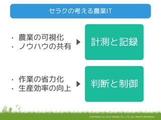 COPYRIGHT (C) 2015 SERAKU CO., LTD. ALL RIGHTS RESERVED.
セラクの考える農業IT
計測と記録
判断と制御
• 農業の可視化
• ノウハウの共有
• 作業の省力化
• 生産効率の向上
 
