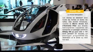 24
Des drones de toutes les tailles
EHANG 184
Les drones se déclinent sous
toutes les formes et toutes les
tailles. Des drones miniatures,
comme le Micro drone 3.0
d’Extreme Flier aux drones
h é l i c o p t è r e s c a p a b l e s d e
transporter un passager comme le
EHang 184 qui peut voler à 100
km/h pendant 23 minutes. Le
p a s s a g e r p r o g r a m m e s a
destination et le drone s’y rend
tout seul.
Le drone hélicoptère
 