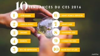 10
EVRYWHERE1
VIDEO & AUDIO
2
DRONES
3
ROBOTS
4
SMART HOME & SERVICES
6
SMART CARS
7
QUANTIFIED SELF
8
CONNECTED KIDS9
T E N D A N C E S D U C E S 2 0 1 6
3D & 4D IMPRESSION
5 SMART WAY OF LIFE10
 