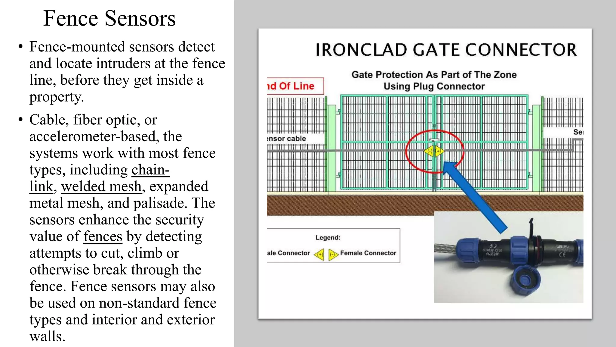 Fence Sensors
• Fence-mounted sensors detect
and locate intruders at the fence
line, before they get inside a
property.
• Cable, fiber optic, or
accelerometer-based, the
systems work with most fence
types, including chain-
link, welded mesh, expanded
metal mesh, and palisade. The
sensors enhance the security
value of fences by detecting
attempts to cut, climb or
otherwise break through the
fence. Fence sensors may also
be used on non-standard fence
types and interior and exterior
walls.
 