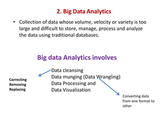 2. Big Data Analytics
• Collection of data whose volume, velocity or variety is too
large and difficult to store, manage, process and analyze
the data using traditional databases.
Data cleansing
Data munging (Data Wrangling)
Data Processing and
Data Visualization
Correcting
Removing
Replacing
Converting data
from one format to
other
Big data Analytics involves
 