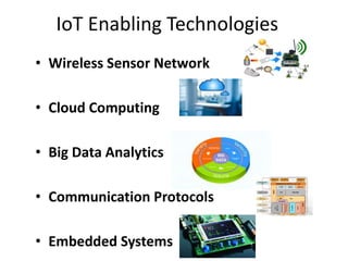 IoT Enabling Technologies
• Wireless Sensor Network
• Cloud Computing
• Big Data Analytics
• Communication Protocols
• Embedded Systems
 