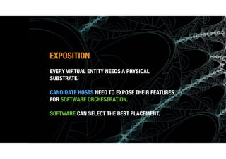 (c) Antonio Alberti, Inatel, 2014.
EVERY VIRTUAL ENTITY NEEDS A PHYSICAL
SUBSTRATE.
CANDIDATE HOSTS NEED TO EXPOSE THEIR FEATURES
FOR SOFTWARE ORCHESTRATION.
SOFTWARE CAN SELECT THE BEST PLACEMENT.
EXPOSITION
 