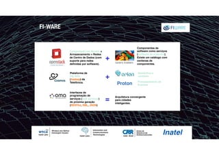 FI-WARE
Computação em Nuvem +
Armazenamento + Redes
de Centro de Dados (com
suporte para redes
deﬁnidas por software).
+
Componentes de
software como serviços
(software as a service).
Existe um catálogo com
centenas de
componentes.
Plataforma de
big data
(hadoop) da
Telefônica.
+
Semântica e
contexto
Interfaces de
programação de
serviços (web services)
de próxima geração
(RESTful, XML, JSON)
=
Arquitetura convergente
para cidades
inteligentes.
Processamento de
Eventos
 