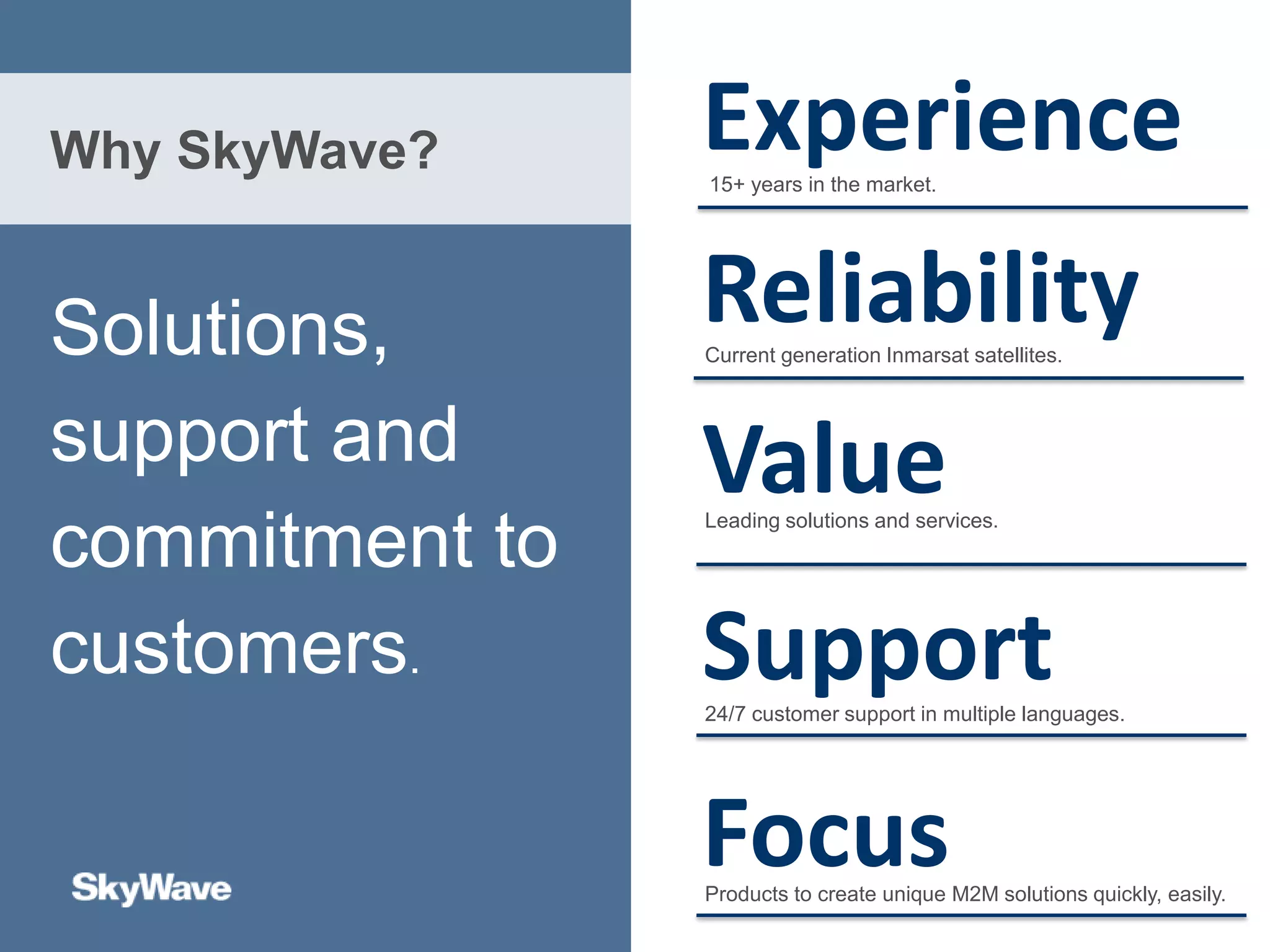 Solutions,
support and
commitment to
customers.
Why SkyWave? Experience15+ years in the market.
ReliabilityCurrent generation Inmarsat satellites.
ValueLeading solutions and services.
Support24/7 customer support in multiple languages.
FocusProducts to create unique M2M solutions quickly, easily.
 