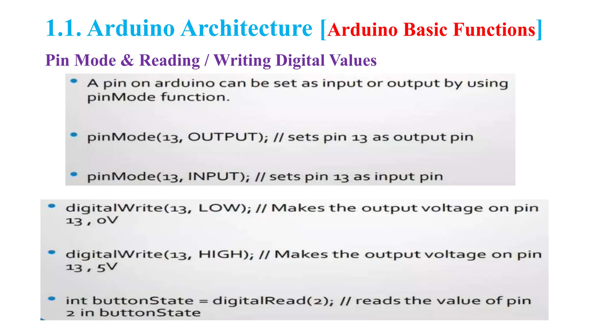 1.1. Arduino Architecture [Arduino Basic Functions]
Pin Mode & Reading / Writing Digital Values
 