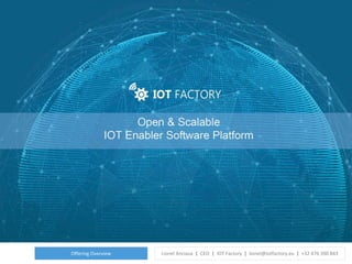 Deploying an IoT Solution
A strategic Overview for Decision Makers
Lionel Anciaux – IoT Consultant | +32 (0)476 390 843 | lionel@apiservices.beLionel Anciaux | CEO | IOT Factory | lionel@iotfactory.eu | +32 476 390 843Offering Overview
 