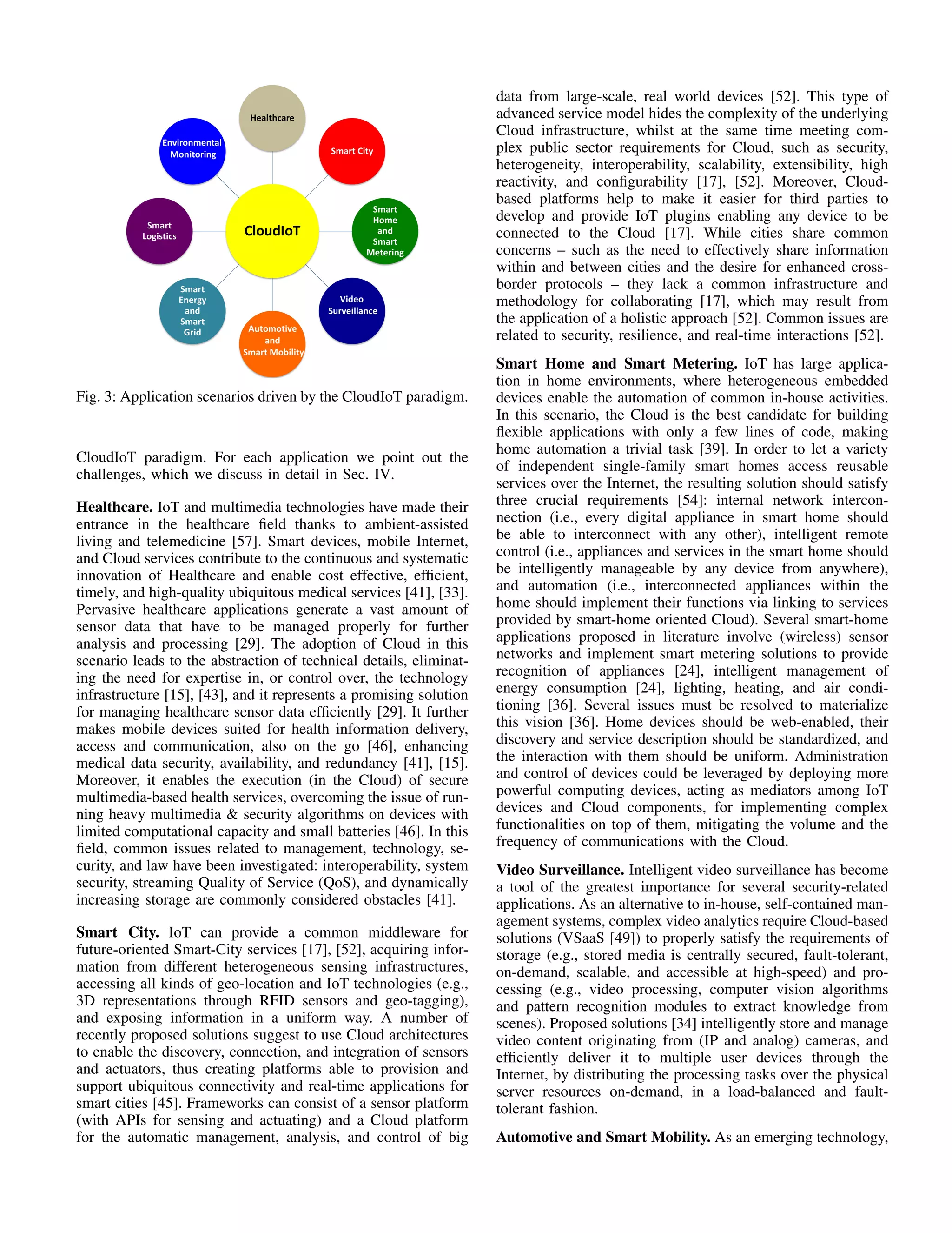 Fig. 3: Application scenarios driven by the CloudIoT paradigm. 
CloudIoT paradigm. For each application we point out the 
challenges, which we discuss in detail in Sec. IV. 
Healthcare. IoT and multimedia technologies have made their 
entrance in the healthcare field thanks to ambient-assisted 
living and telemedicine [57]. Smart devices, mobile Internet, 
and Cloud services contribute to the continuous and systematic 
innovation of Healthcare and enable cost effective, efficient, 
timely, and high-quality ubiquitous medical services [41], [33]. 
Pervasive healthcare applications generate a vast amount of 
sensor data that have to be managed properly for further 
analysis and processing [29]. The adoption of Cloud in this 
scenario leads to the abstraction of technical details, eliminat-ing 
the need for expertise in, or control over, the technology 
infrastructure [15], [43], and it represents a promising solution 
for managing healthcare sensor data efficiently [29]. It further 
makes mobile devices suited for health information delivery, 
access and communication, also on the go [46], enhancing 
medical data security, availability, and redundancy [41], [15]. 
Moreover, it enables the execution (in the Cloud) of secure 
multimedia-based health services, overcoming the issue of run-ning 
heavy multimedia  security algorithms on devices with 
limited computational capacity and small batteries [46]. In this 
field, common issues related to management, technology, se-curity, 
and law have been investigated: interoperability, system 
security, streaming Quality of Service (QoS), and dynamically 
increasing storage are commonly considered obstacles [41]. 
Smart City. IoT can provide a common middleware for 
future-oriented Smart-City services [17], [52], acquiring infor-mation 
from different heterogeneous sensing infrastructures, 
accessing all kinds of geo-location and IoT technologies (e.g., 
3D representations through RFID sensors and geo-tagging), 
and exposing information in a uniform way. A number of 
recently proposed solutions suggest to use Cloud architectures 
to enable the discovery, connection, and integration of sensors 
and actuators, thus creating platforms able to provision and 
support ubiquitous connectivity and real-time applications for 
smart cities [45]. Frameworks can consist of a sensor platform 
(with APIs for sensing and actuating) and a Cloud platform 
for the automatic management, analysis, and control of big 
data from large-scale, real world devices [52]. This type of 
advanced service model hides the complexity of the underlying 
Cloud infrastructure, whilst at the same time meeting com-plex 
public sector requirements for Cloud, such as security, 
heterogeneity, interoperability, scalability, extensibility, high 
reactivity, and configurability [17], [52]. Moreover, Cloud-based 
platforms help to make it easier for third parties to 
develop and provide IoT plugins enabling any device to be 
connected to the Cloud [17]. While cities share common 
concerns – such as the need to effectively share information 
within and between cities and the desire for enhanced cross-border 
protocols – they lack a common infrastructure and 
methodology for collaborating [17], which may result from 
the application of a holistic approach [52]. Common issues are 
related to security, resilience, and real-time interactions [52]. 
Smart Home and Smart Metering. IoT has large applica-tion 
in home environments, where heterogeneous embedded 
devices enable the automation of common in-house activities. 
In this scenario, the Cloud is the best candidate for building 
flexible applications with only a few lines of code, making 
home automation a trivial task [39]. In order to let a variety 
of independent single-family smart homes access reusable 
services over the Internet, the resulting solution should satisfy 
three crucial requirements [54]: internal network intercon-nection 
(i.e., every digital appliance in smart home should 
be able to interconnect with any other), intelligent remote 
control (i.e., appliances and services in the smart home should 
be intelligently manageable by any device from anywhere), 
and automation (i.e., interconnected appliances within the 
home should implement their functions via linking to services 
provided by smart-home oriented Cloud). Several smart-home 
applications proposed in literature involve (wireless) sensor 
networks and implement smart metering solutions to provide 
recognition of appliances [24], intelligent management of 
energy consumption [24], lighting, heating, and air condi-tioning 
[36]. Several issues must be resolved to materialize 
this vision [36]. Home devices should be web-enabled, their 
discovery and service description should be standardized, and 
the interaction with them should be uniform. Administration 
and control of devices could be leveraged by deploying more 
powerful computing devices, acting as mediators among IoT 
devices and Cloud components, for implementing complex 
functionalities on top of them, mitigating the volume and the 
frequency of communications with the Cloud. 
Video Surveillance. Intelligent video surveillance has become 
a tool of the greatest importance for several security-related 
applications. As an alternative to in-house, self-contained man-agement 
systems, complex video analytics require Cloud-based 
solutions (VSaaS [49]) to properly satisfy the requirements of 
storage (e.g., stored media is centrally secured, fault-tolerant, 
on-demand, scalable, and accessible at high-speed) and pro-cessing 
(e.g., video processing, computer vision algorithms 
and pattern recognition modules to extract knowledge from 
scenes). Proposed solutions [34] intelligently store and manage 
video content originating from (IP and analog) cameras, and 
efficiently deliver it to multiple user devices through the 
Internet, by distributing the processing tasks over the physical 
server resources on-demand, in a load-balanced and fault-tolerant 
fashion. 
Automotive and Smart Mobility. As an emerging technology, 
 
