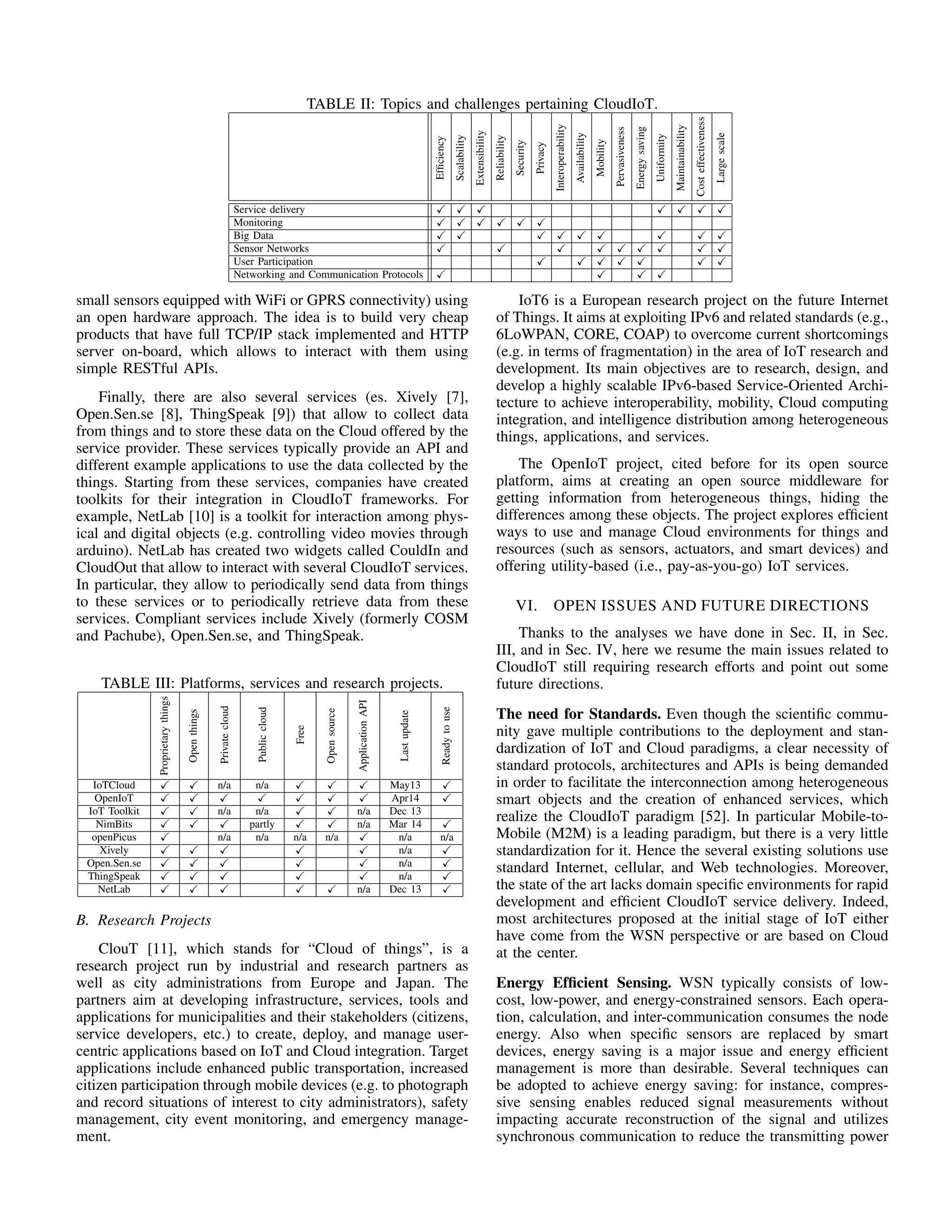 TABLE II: Topics and challenges pertaining CloudIoT. 
Efficiency 
Scalability 
Extensibility 
Reliability 
Security 
Privacy 
Interoperability 
Availability 
Mobility 
Pervasiveness 
Energy saving 
Uniformity 
Maintainability 
Cost effectiveness 
Large scale 
Service delivery X X X X X X X 
Monitoring X X X X X X 
Big Data X X X X X X X X X 
Sensor Networks X X X X X X X X X 
User Participation X X X X X X X 
Networking and Communication Protocols X X X X 
small sensors equipped with WiFi or GPRS connectivity) using 
an open hardware approach. The idea is to build very cheap 
products that have full TCP/IP stack implemented and HTTP 
server on-board, which allows to interact with them using 
simple RESTful APIs. 
Finally, there are also several services (es. Xively [7], 
Open.Sen.se [8], ThingSpeak [9]) that allow to collect data 
from things and to store these data on the Cloud offered by the 
service provider. These services typically provide an API and 
different example applications to use the data collected by the 
things. Starting from these services, companies have created 
toolkits for their integration in CloudIoT frameworks. For 
example, NetLab [10] is a toolkit for interaction among phys-ical 
and digital objects (e.g. controlling video movies through 
arduino). NetLab has created two widgets called CouldIn and 
CloudOut that allow to interact with several CloudIoT services. 
In particular, they allow to periodically send data from things 
to these services or to periodically retrieve data from these 
services. Compliant services include Xively (formerly COSM 
and Pachube), Open.Sen.se, and ThingSpeak. 
TABLE III: Platforms, services and research projects. 
Proprietary things 
Private cloud 
IoTCloud X X Open things 
n/a n/a Public cloud 
X Free 
X Open source 
X May13 X 
Ready to use Application API 
Last update 
OpenIoT X X X X X X X Apr14 X 
IoT Toolkit X X n/a n/a X X n/a Dec 13 
NimBits X X X partly X X n/a Mar 14 X 
openPicus X n/a n/a n/a n/a X n/a n/a 
Xively X X X X X n/a X 
Open.Sen.se X X X X X n/a X 
ThingSpeak X X X X X n/a X 
NetLab X X X X X n/a Dec 13 X 
B. Research Projects 
ClouT [11], which stands for “Cloud of things”, is a 
research project run by industrial and research partners as 
well as city administrations from Europe and Japan. The 
partners aim at developing infrastructure, services, tools and 
applications for municipalities and their stakeholders (citizens, 
service developers, etc.) to create, deploy, and manage user-centric 
applications based on IoT and Cloud integration. Target 
applications include enhanced public transportation, increased 
citizen participation through mobile devices (e.g. to photograph 
and record situations of interest to city administrators), safety 
management, city event monitoring, and emergency manage-ment. 
IoT6 is a European research project on the future Internet 
of Things. It aims at exploiting IPv6 and related standards (e.g., 
6LoWPAN, CORE, COAP) to overcome current shortcomings 
(e.g. in terms of fragmentation) in the area of IoT research and 
development. Its main objectives are to research, design, and 
develop a highly scalable IPv6-based Service-Oriented Archi-tecture 
to achieve interoperability, mobility, Cloud computing 
integration, and intelligence distribution among heterogeneous 
things, applications, and services. 
The OpenIoT project, cited before for its open source 
platform, aims at creating an open source middleware for 
getting information from heterogeneous things, hiding the 
differences among these objects. The project explores efficient 
ways to use and manage Cloud environments for things and 
resources (such as sensors, actuators, and smart devices) and 
offering utility-based (i.e., pay-as-you-go) IoT services. 
VI. OPEN ISSUES AND FUTURE DIRECTIONS 
Thanks to the analyses we have done in Sec. II, in Sec. 
III, and in Sec. IV, here we resume the main issues related to 
CloudIoT still requiring research efforts and point out some 
future directions. 
The need for Standards. Even though the scientific commu-nity 
gave multiple contributions to the deployment and stan-dardization 
of IoT and Cloud paradigms, a clear necessity of 
standard protocols, architectures and APIs is being demanded 
in order to facilitate the interconnection among heterogeneous 
smart objects and the creation of enhanced services, which 
realize the CloudIoT paradigm [52]. In particular Mobile-to- 
Mobile (M2M) is a leading paradigm, but there is a very little 
standardization for it. Hence the several existing solutions use 
standard Internet, cellular, and Web technologies. Moreover, 
the state of the art lacks domain specific environments for rapid 
development and efficient CloudIoT service delivery. Indeed, 
most architectures proposed at the initial stage of IoT either 
have come from the WSN perspective or are based on Cloud 
at the center. 
Energy Efficient Sensing. WSN typically consists of low-cost, 
low-power, and energy-constrained sensors. Each opera-tion, 
calculation, and inter-communication consumes the node 
energy. Also when specific sensors are replaced by smart 
devices, energy saving is a major issue and energy efficient 
management is more than desirable. Several techniques can 
be adopted to achieve energy saving: for instance, compres-sive 
sensing enables reduced signal measurements without 
impacting accurate reconstruction of the signal and utilizes 
synchronous communication to reduce the transmitting power 
 