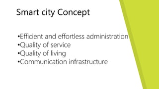 Smart city Concept
•Efficient and effortless administration
•Quality of service
•Quality of living
•Communication infrastructure
 