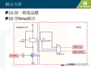 解法方案
(1) 接一顆電晶體
(2) 用Relay解決
Raspberry Pi MCU
MCU' 5V
MCU' GPIO
Pi GPIO
 