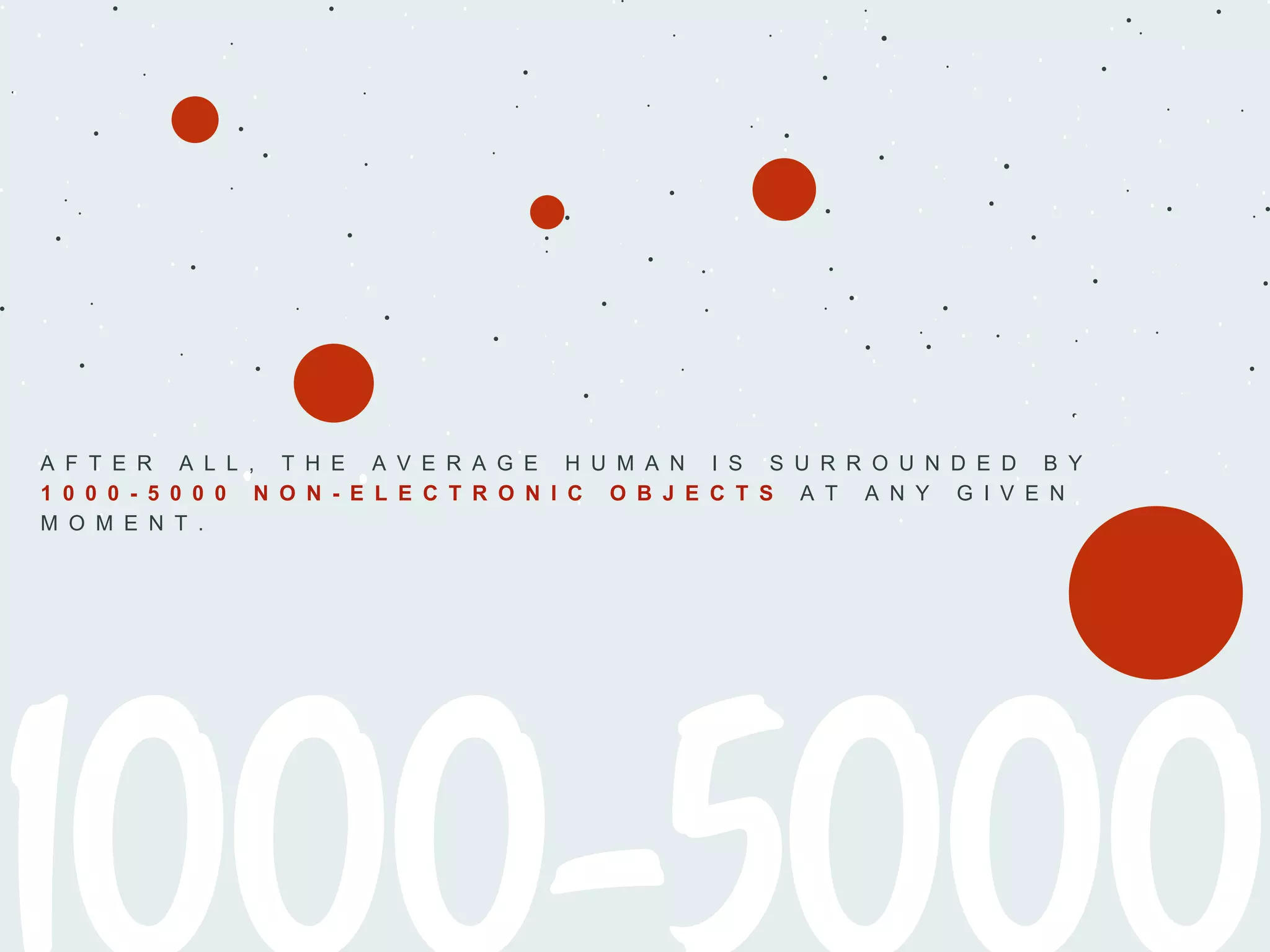 A F T E R A L L , T H E A V E R A G E H U M A N I S S U R R O U N D E D B Y
1 0 0 0 - 5 0 0 0 N O N - E L E C T R O N I C O B J E C T S A T A N Y G I V E N
M O M E N T .
 