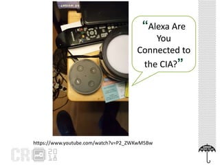 https://www.youtube.com/watch?v=P2_ZWKwM5Bw
“Alexa Are
You
Connected to
the CIA?”
 
