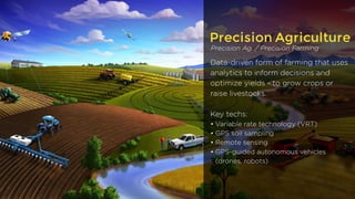 Precision Agriculture
Precision Ag. / Precision Farming
Data-driven form of farming that uses
analytics to inform decisions and
optimize yields - to grow crops or
raise livestocks.
Key techs:
• Variable rate technology (VRT)
• GPS soil sampling
• Remote sensing
• GPS-guided autonomous vehicles
(drones, robots)
 