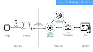 Common IoT Architecture
Radio
Gateway
Processing
Internet
Connectivity
Cloud-sideEdge-side
Ingestion
& StorageThings Visualization
User-side
Apps
 