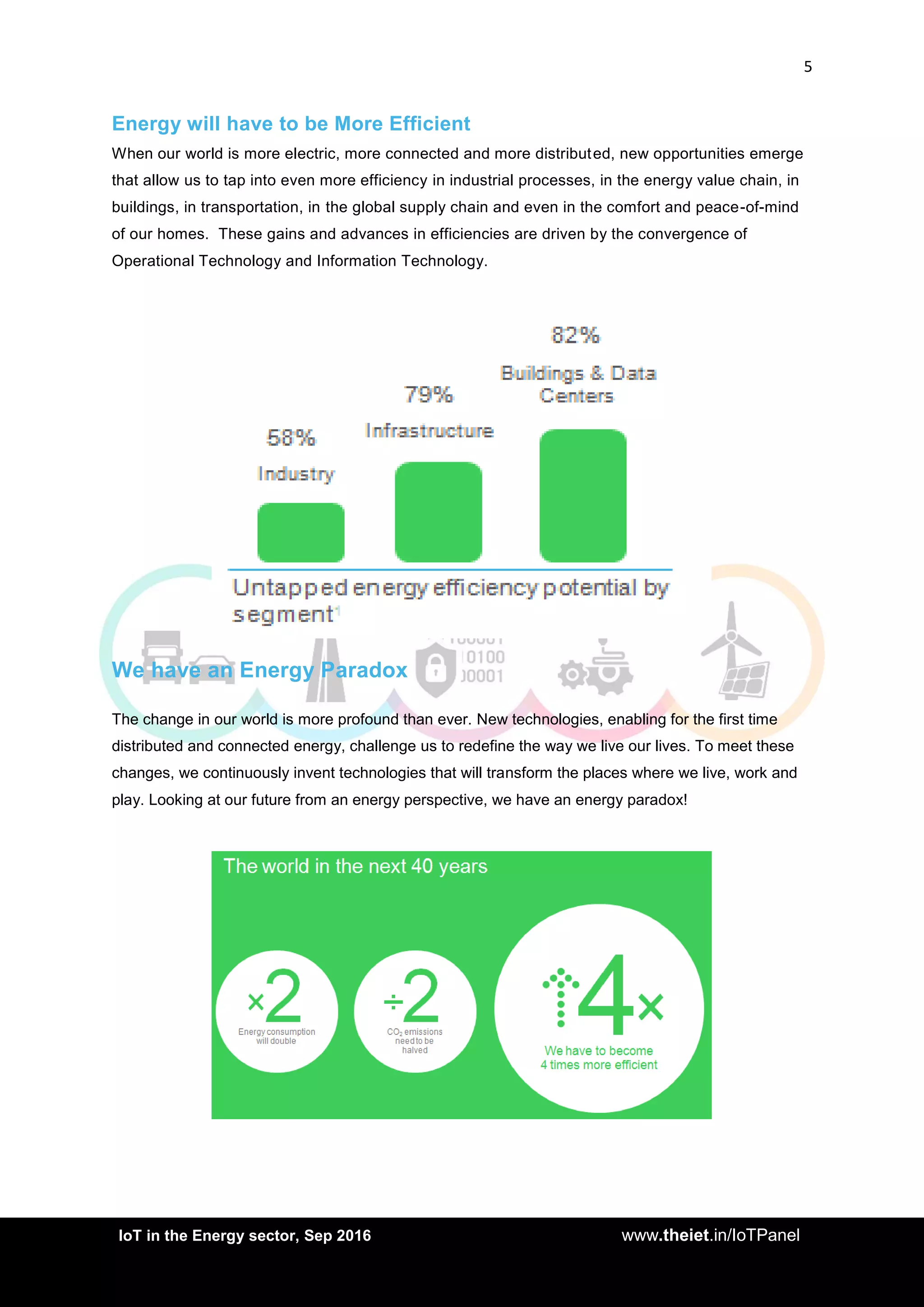 5
<AddIoT in the Energy sector, Sep 2016 www.theiet.in/IoTPanel
Energy will have to be More Efficient
When our world is more electric, more connected and more distributed, new opportunities emerge
that allow us to tap into even more efficiency in industrial processes, in the energy value chain, in
buildings, in transportation, in the global supply chain and even in the comfort and peace-of-mind
of our homes. These gains and advances in efficiencies are driven by the convergence of
Operational Technology and Information Technology.
We have an Energy Paradox
The change in our world is more profound than ever. New technologies, enabling for the first time
distributed and connected energy, challenge us to redefine the way we live our lives. To meet these
changes, we continuously invent technologies that will transform the places where we live, work and
play. Looking at our future from an energy perspective, we have an energy paradox!
 