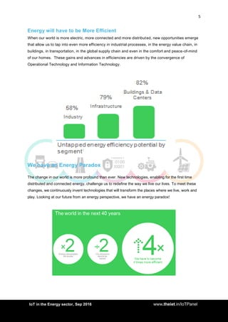 5
<AddIoT in the Energy sector, Sep 2016 www.theiet.in/IoTPanel
Energy will have to be More Efficient
When our world is more electric, more connected and more distributed, new opportunities emerge
that allow us to tap into even more efficiency in industrial processes, in the energy value chain, in
buildings, in transportation, in the global supply chain and even in the comfort and peace-of-mind
of our homes. These gains and advances in efficiencies are driven by the convergence of
Operational Technology and Information Technology.
We have an Energy Paradox
The change in our world is more profound than ever. New technologies, enabling for the first time
distributed and connected energy, challenge us to redefine the way we live our lives. To meet these
changes, we continuously invent technologies that will transform the places where we live, work and
play. Looking at our future from an energy perspective, we have an energy paradox!
 