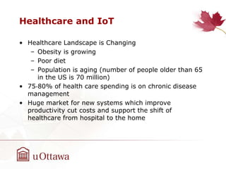 Healthcare and IoT
• Healthcare Landscape is Changing
– Obesity is growing
– Poor diet
– Population is aging (number of pe...
