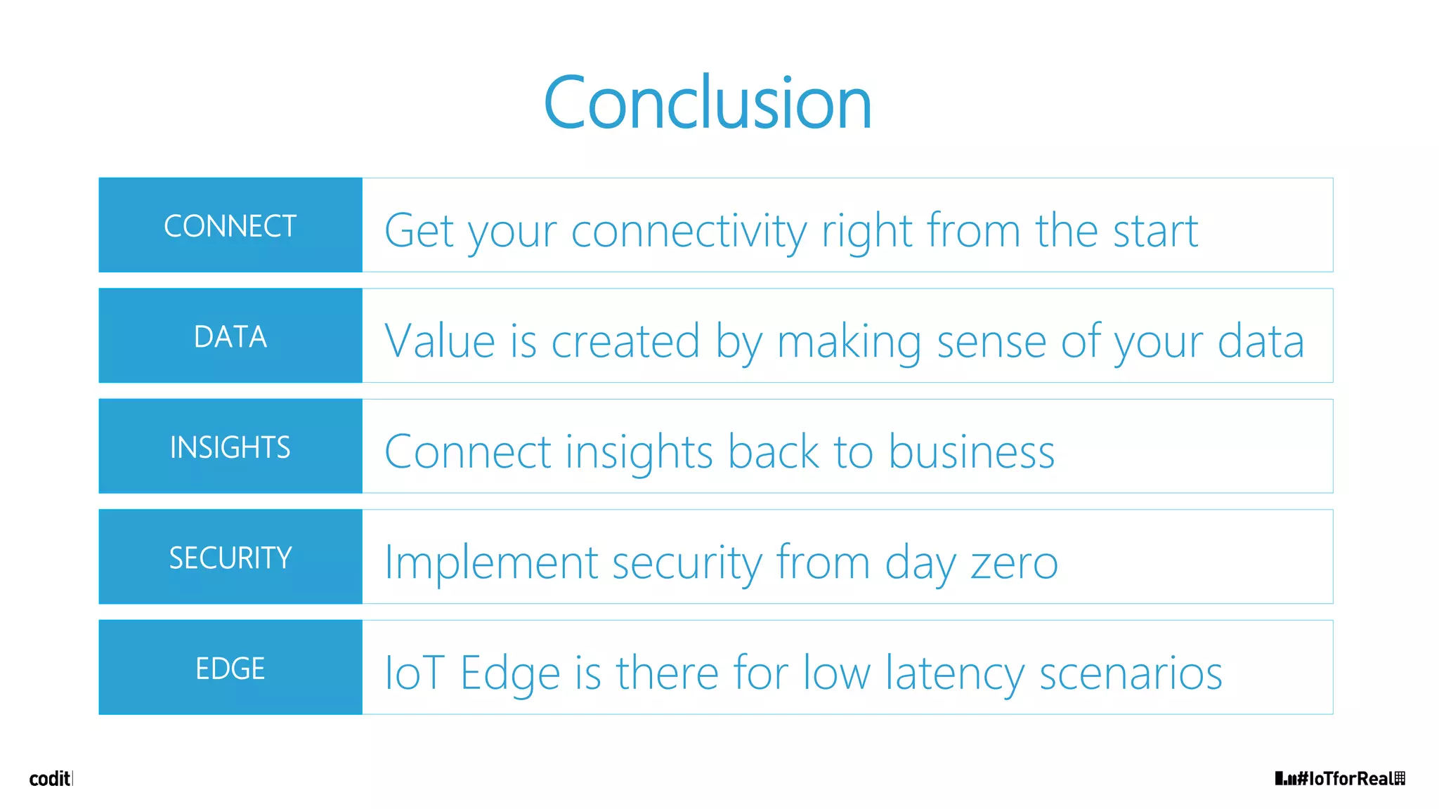 Conclusion
Value is created by making sense of your dataDATA
Connect insights back to businessINSIGHTS
Implement security from day zeroSECURITY
IoT Edge is there for low latency scenariosEDGE
Get your connectivity right from the startCONNECT
 