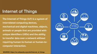 Internet of Things
The Internet of Things (IoT) is a system of
interrelated computing devices,
mechanical and digital machines, objects,
animals or people that are provided with
unique identiﬁers (UIDs) and the ability
to transfer data over a network without
requiring human-to-human or human-to-
computer interaction.
SOURCE: https://en.wikipedia.org/wiki/Internet_of_things
 