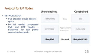 Protocol for IoT Nodes
• NETWORK LAYER
• IPv6 provides a huge address
space
• For IoT needed compressed
IPv6 and UDP header –
6LoWPAN, for low power
constrained networks
Internet of Things for Smart Cities 2603-Jan-16
 