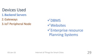 Devices Used
DBMS
Websites
Enterprise resource
Planning Systems
2.Gateways
3.IoT Peripheral Node
Internet of Things for Smart Cities 2903-Jan-16
 
