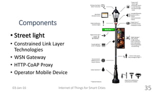 Components
• Constrained Link Layer
Technologies
• WSN Gateway
• HTTP-CoAP Proxy
• Operator Mobile Device
Internet of Things for Smart Cities 3503-Jan-16
 