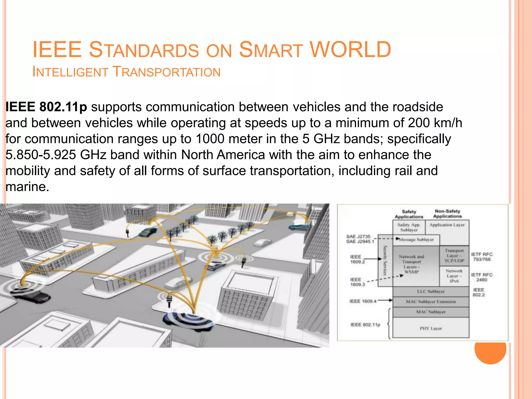 IEEE STANDARDS ON SMART WORLD
INTELLIGENT TRANSPORTATION
IEEE 802.11p supports communication between vehicles and the roadside
and between vehicles while operating at speeds up to a minimum of 200 km/h
for communication ranges up to 1000 meter in the 5 GHz bands; specifically
5.850-5.925 GHz band within North America with the aim to enhance the
mobility and safety of all forms of surface transportation, including rail and
marine.
 