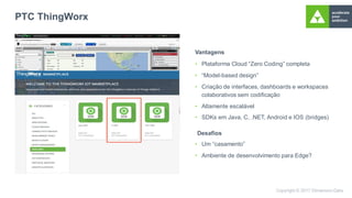 PTC ThingWorx
Vantagens
• Plataforma Cloud “Zero Coding” completa
• “Model-based design”
• Criação de interfaces, dashboards e workspaces
colaborativos sem codificação
• Altamente escalável
• SDKs em Java, C, .NET, Android e IOS (bridges)
Desafios
• Um “casamento”
• Ambiente de desenvolvimento para Edge?
 