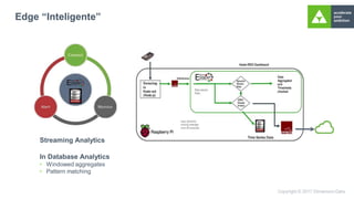 Edge “Inteligente”
Streaming Analytics
In Database Analytics
• Windowed aggregates
• Pattern matching
 
