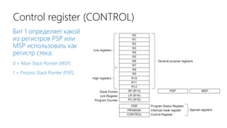 Control register (CONTROL)
Бит 1 определяет какой
из регистров PSP или
MSP использовать как
регистр стека:
0 = Main Stack Pointer (MSP).
1 = Process Stack Pointer (PSP).
 