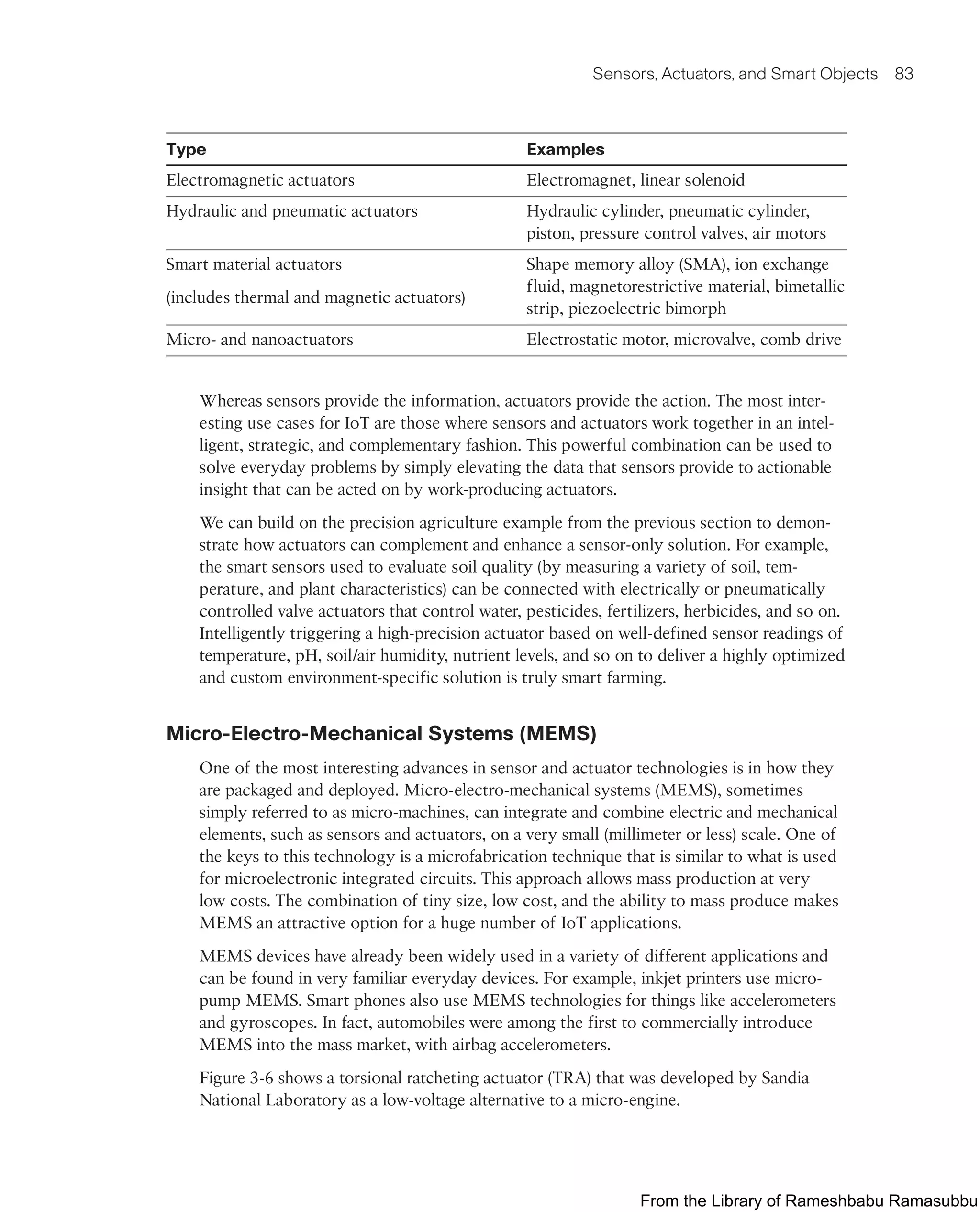 Sensors, Actuators, and Smart Objects 83
Type Examples
Electromagnetic actuators Electromagnet, linear solenoid
Hydraulic and pneumatic actuators Hydraulic cylinder, pneumatic cylinder,
piston, pressure control valves, air motors
Smart material actuators
(includes thermal and magnetic actuators)
Shape memory alloy (SMA), ion exchange
fluid, magnetorestrictive material, bimetallic
strip, piezoelectric bimorph
Micro- and nanoactuators Electrostatic motor, microvalve, comb drive
Whereas sensors provide the information, actuators provide the action. The most inter-
esting use cases for IoT are those where sensors and actuators work together in an intel-
ligent, strategic, and complementary fashion. This powerful combination can be used to
solve everyday problems by simply elevating the data that sensors provide to actionable
insight that can be acted on by work-producing actuators.
We can build on the precision agriculture example from the previous section to demon-
strate how actuators can complement and enhance a sensor-only solution. For example,
the smart sensors used to evaluate soil quality (by measuring a variety of soil, tem-
perature, and plant characteristics) can be connected with electrically or pneumatically
controlled valve actuators that control water, pesticides, fertilizers, herbicides, and so on.
Intelligently triggering a high-precision actuator based on well-defined sensor readings of
temperature, pH, soil/air humidity, nutrient levels, and so on to deliver a highly optimized
and custom environment-specific solution is truly smart farming.
Micro-Electro-Mechanical Systems (MEMS)
One of the most interesting advances in sensor and actuator technologies is in how they
are packaged and deployed. Micro-electro-mechanical systems (MEMS), sometimes
simply referred to as micro-machines, can integrate and combine electric and mechanical
elements, such as sensors and actuators, on a very small (millimeter or less) scale. One of
the keys to this technology is a microfabrication technique that is similar to what is used
for microelectronic integrated circuits. This approach allows mass production at very
low costs. The combination of tiny size, low cost, and the ability to mass produce makes
MEMS an attractive option for a huge number of IoT applications.
MEMS devices have already been widely used in a variety of different applications and
can be found in very familiar everyday devices. For example, inkjet printers use micro-
pump MEMS. Smart phones also use MEMS technologies for things like accelerometers
and gyroscopes. In fact, automobiles were among the first to commercially introduce
MEMS into the mass market, with airbag accelerometers.
Figure 3-6 shows a torsional ratcheting actuator (TRA) that was developed by Sandia
National Laboratory as a low-voltage alternative to a micro-engine.
From the Library of Rameshbabu Ramasubbu
 