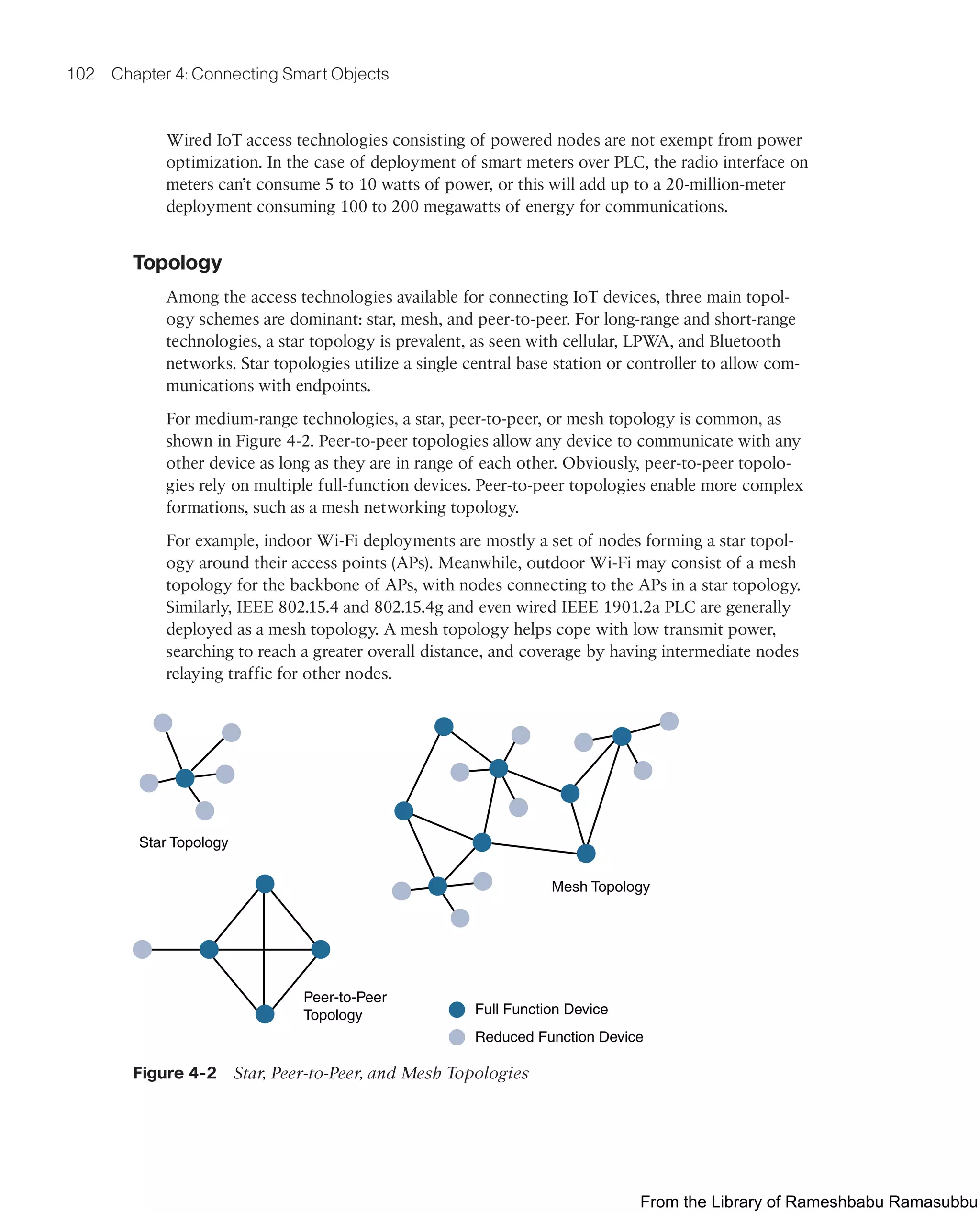 102 Chapter 4: Connecting Smart Objects
Wired IoT access technologies consisting of powered nodes are not exempt from power
optimization. In the case of deployment of smart meters over PLC, the radio interface on
meters can’t consume 5 to 10 watts of power, or this will add up to a 20-million-meter
deployment consuming 100 to 200 megawatts of energy for communications.
Topology
Among the access technologies available for connecting IoT devices, three main topol-
ogy schemes are dominant: star, mesh, and peer-to-peer. For long-range and short-range
technologies, a star topology is prevalent, as seen with cellular, LPWA, and Bluetooth
networks. Star topologies utilize a single central base station or controller to allow com-
munications with endpoints.
For medium-range technologies, a star, peer-to-peer, or mesh topology is common, as
shown in Figure 4-2. Peer-to-peer topologies allow any device to communicate with any
other device as long as they are in range of each other. Obviously, peer-to-peer topolo-
gies rely on multiple full-function devices. Peer-to-peer topologies enable more complex
formations, such as a mesh networking topology.
For example, indoor Wi-Fi deployments are mostly a set of nodes forming a star topol-
ogy around their access points (APs). Meanwhile, outdoor Wi-Fi may consist of a mesh
topology for the backbone of APs, with nodes connecting to the APs in a star topology.
Similarly, IEEE 802.15.4 and 802.15.4g and even wired IEEE 1901.2a PLC are generally
deployed as a mesh topology. A mesh topology helps cope with low transmit power,
searching to reach a greater overall distance, and coverage by having intermediate nodes
relaying traffic for other nodes.
Star Topology
Peer-to-Peer
Topology Full Function Device
Reduced Function Device
Mesh Topology
Figure 4-2 Star, Peer-to-Peer, and Mesh Topologies
From the Library of Rameshbabu Ramasubbu
 