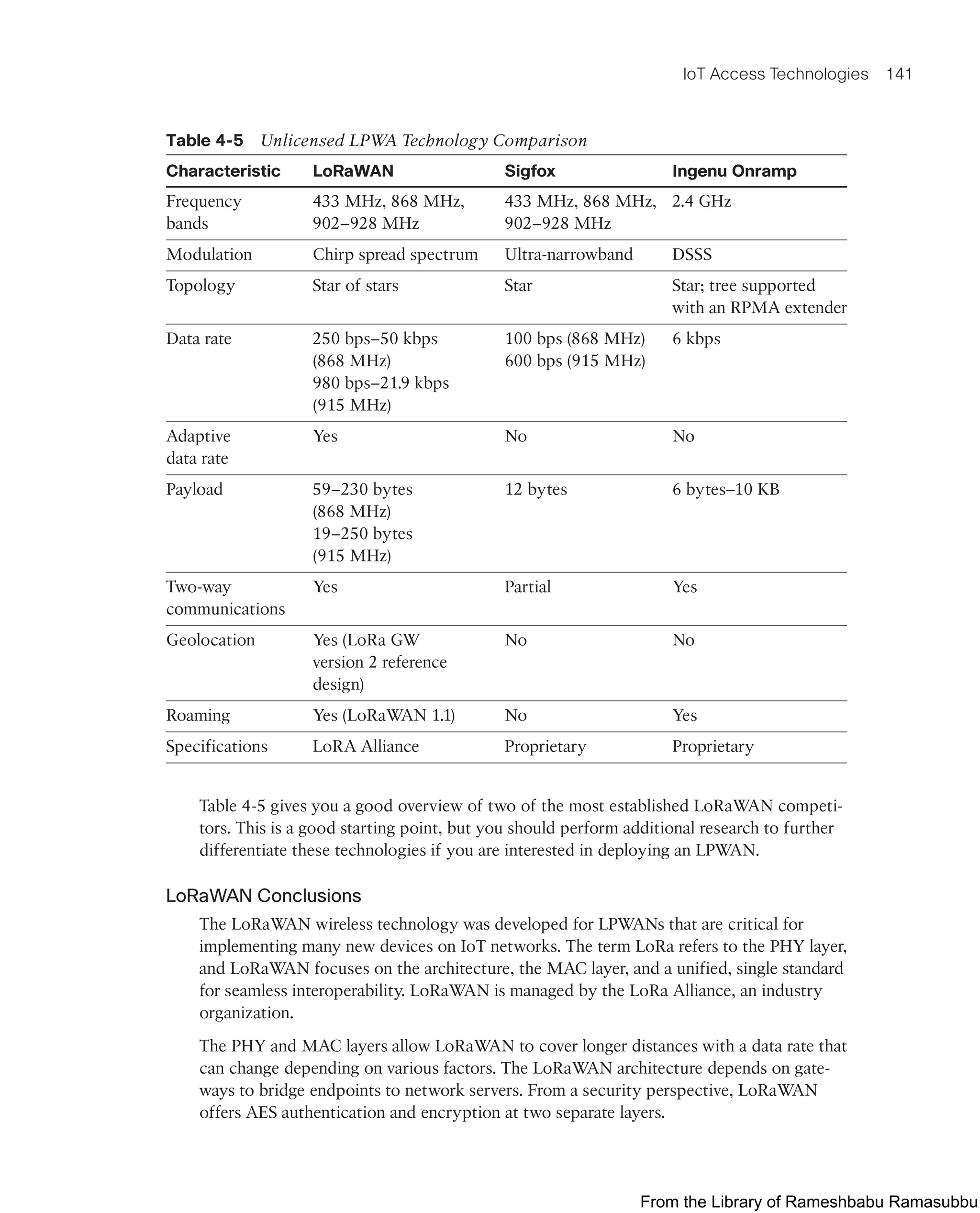 IoT Access Technologies 141
Table 4-5 Unlicensed LPWA Technology Comparison
Characteristic LoRaWAN Sigfox Ingenu Onramp
Frequency
bands
433 MHz, 868 MHz,
902–928 MHz
433 MHz, 868 MHz,
902–928 MHz
2.4 GHz
Modulation Chirp spread spectrum Ultra-narrowband DSSS
Topology Star of stars Star Star; tree supported
with an RPMA extender
Data rate 250 bps–50 kbps
(868 MHz)
980 bps–21.9 kbps
(915 MHz)
100 bps (868 MHz)
600 bps (915 MHz)
6 kbps
Adaptive
data rate
Yes No No
Payload 59–230 bytes
(868 MHz)
19–250 bytes
(915 MHz)
12 bytes 6 bytes–10 KB
Two-way
communications
Yes Partial Yes
Geolocation Yes (LoRa GW
version 2 reference
design)
No No
Roaming Yes (LoRaWAN 1.1) No Yes
Specifications LoRA Alliance Proprietary Proprietary
Table 4-5 gives you a good overview of two of the most established LoRaWAN competi-
tors. This is a good starting point, but you should perform additional research to further
differentiate these technologies if you are interested in deploying an LPWAN.
LoRaWAN Conclusions
The LoRaWAN wireless technology was developed for LPWANs that are critical for
implementing many new devices on IoT networks. The term LoRa refers to the PHY layer,
and LoRaWAN focuses on the architecture, the MAC layer, and a unified, single standard
for seamless interoperability. LoRaWAN is managed by the LoRa Alliance, an industry
organization.
The PHY and MAC layers allow LoRaWAN to cover longer distances with a data rate that
can change depending on various factors. The LoRaWAN architecture depends on gate-
ways to bridge endpoints to network servers. From a security perspective, LoRaWAN
offers AES authentication and encryption at two separate layers.
From the Library of Rameshbabu Ramasubbu
 