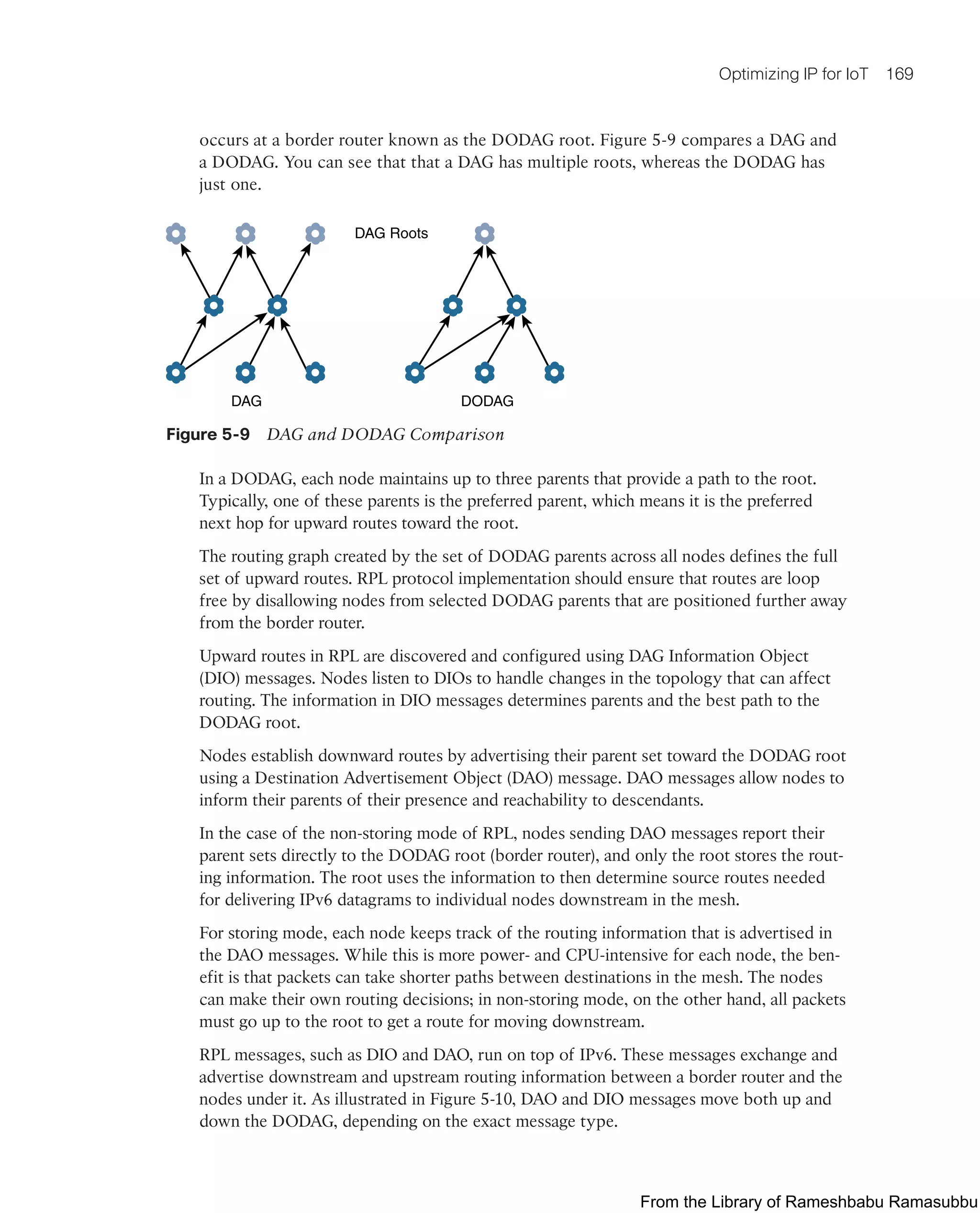 Optimizing IP for IoT 169
occurs at a border router known as the DODAG root. Figure 5-9 compares a DAG and
a DODAG. You can see that that a DAG has multiple roots, whereas the DODAG has
just one.
DAG DODAG
DAG Roots
Figure 5-9 DAG and DODAG Comparison
In a DODAG, each node maintains up to three parents that provide a path to the root.
Typically, one of these parents is the preferred parent, which means it is the preferred
next hop for upward routes toward the root.
The routing graph created by the set of DODAG parents across all nodes defines the full
set of upward routes. RPL protocol implementation should ensure that routes are loop
free by disallowing nodes from selected DODAG parents that are positioned further away
from the border router.
Upward routes in RPL are discovered and configured using DAG Information Object
(DIO) messages. Nodes listen to DIOs to handle changes in the topology that can affect
routing. The information in DIO messages determines parents and the best path to the
DODAG root.
Nodes establish downward routes by advertising their parent set toward the DODAG root
using a Destination Advertisement Object (DAO) message. DAO messages allow nodes to
inform their parents of their presence and reachability to descendants.
In the case of the non-storing mode of RPL, nodes sending DAO messages report their
parent sets directly to the DODAG root (border router), and only the root stores the rout-
ing information. The root uses the information to then determine source routes needed
for delivering IPv6 datagrams to individual nodes downstream in the mesh.
For storing mode, each node keeps track of the routing information that is advertised in
the DAO messages. While this is more power- and CPU-intensive for each node, the ben-
efit is that packets can take shorter paths between destinations in the mesh. The nodes
can make their own routing decisions; in non-storing mode, on the other hand, all packets
must go up to the root to get a route for moving downstream.
RPL messages, such as DIO and DAO, run on top of IPv6. These messages exchange and
advertise downstream and upstream routing information between a border router and the
nodes under it. As illustrated in Figure 5-10, DAO and DIO messages move both up and
down the DODAG, depending on the exact message type.
From the Library of Rameshbabu Ramasubbu
 