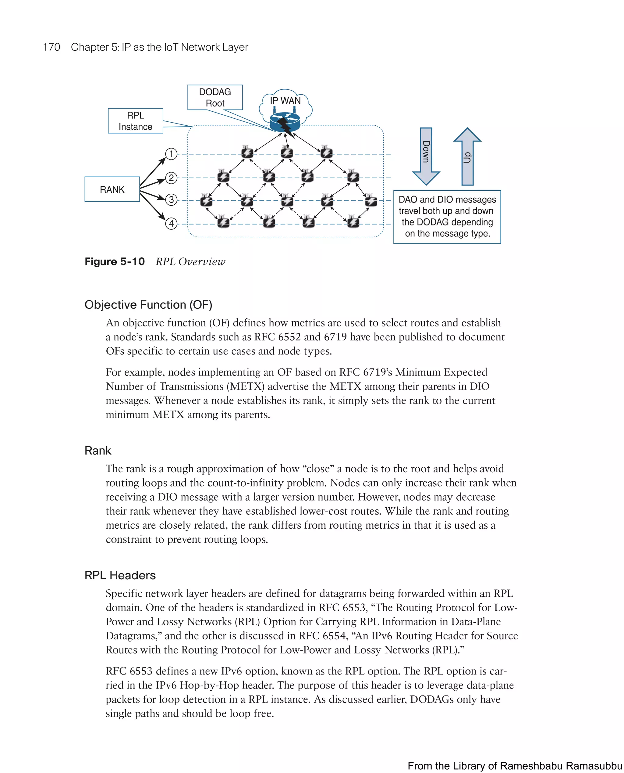 170 Chapter 5: IP as the IoT Network Layer
1
2
3
4
DAO and DIO messages
travel both up and down
the DODAG depending
on the message type.
Down
Up
DODAG
Root IP WAN
RPL
Instance
RANK
Figure 5-10 RPL Overview
Objective Function (OF)
An objective function (OF) defines how metrics are used to select routes and establish
a node’s rank. Standards such as RFC 6552 and 6719 have been published to document
OFs specific to certain use cases and node types.
For example, nodes implementing an OF based on RFC 6719’s Minimum Expected
Number of Transmissions (METX) advertise the METX among their parents in DIO
messages. Whenever a node establishes its rank, it simply sets the rank to the current
minimum METX among its parents.
Rank
The rank is a rough approximation of how “close” a node is to the root and helps avoid
routing loops and the count-to-infinity problem. Nodes can only increase their rank when
receiving a DIO message with a larger version number. However, nodes may decrease
their rank whenever they have established lower-cost routes. While the rank and routing
metrics are closely related, the rank differs from routing metrics in that it is used as a
constraint to prevent routing loops.
RPL Headers
Specific network layer headers are defined for datagrams being forwarded within an RPL
domain. One of the headers is standardized in RFC 6553, “The Routing Protocol for Low-
Power and Lossy Networks (RPL) Option for Carrying RPL Information in Data-Plane
Datagrams,” and the other is discussed in RFC 6554, “An IPv6 Routing Header for Source
Routes with the Routing Protocol for Low-Power and Lossy Networks (RPL).”
RFC 6553 defines a new IPv6 option, known as the RPL option. The RPL option is car-
ried in the IPv6 Hop-by-Hop header. The purpose of this header is to leverage data-plane
packets for loop detection in a RPL instance. As discussed earlier, DODAGs only have
single paths and should be loop free.
From the Library of Rameshbabu Ramasubbu
 