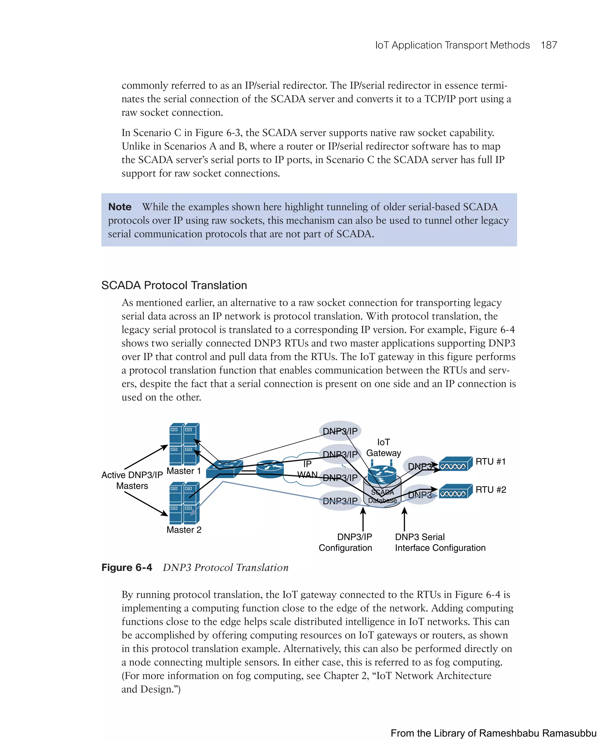 IoT Application Transport Methods 187
commonly referred to as an IP/serial redirector. The IP/serial redirector in essence termi-
nates the serial connection of the SCADA server and converts it to a TCP/IP port using a
raw socket connection.
In Scenario C in Figure 6-3, the SCADA server supports native raw socket capability.
Unlike in Scenarios A and B, where a router or IP/serial redirector software has to map
the SCADA server’s serial ports to IP ports, in Scenario C the SCADA server has full IP
support for raw socket connections.
Note While the examples shown here highlight tunneling of older serial-based SCADA
protocols over IP using raw sockets, this mechanism can also be used to tunnel other legacy
serial communication protocols that are not part of SCADA.
SCADA Protocol Translation
As mentioned earlier, an alternative to a raw socket connection for transporting legacy
serial data across an IP network is protocol translation. With protocol translation, the
legacy serial protocol is translated to a corresponding IP version. For example, Figure 6-4
shows two serially connected DNP3 RTUs and two master applications supporting DNP3
over IP that control and pull data from the RTUs. The IoT gateway in this figure performs
a protocol translation function that enables communication between the RTUs and serv-
ers, despite the fact that a serial connection is present on one side and an IP connection is
used on the other.
Active DNP3/IP
Masters
IP
WAN
DNP3/IP
Configuration
DNP3 Serial
Interface Configuration
RTU #1
RTU #2
Master 1
IoT
Gateway
Master 2
SCADA
Database
DNP3/IP
DNP3
DNP3
DNP3/IP
DNP3/IP
DNP3/IP
Figure 6-4 DNP3 Protocol Translation
By running protocol translation, the IoT gateway connected to the RTUs in Figure 6-4 is
implementing a computing function close to the edge of the network. Adding computing
functions close to the edge helps scale distributed intelligence in IoT networks. This can
be accomplished by offering computing resources on IoT gateways or routers, as shown
in this protocol translation example. Alternatively, this can also be performed directly on
a node connecting multiple sensors. In either case, this is referred to as fog computing.
(For more information on fog computing, see Chapter 2, “IoT Network Architecture
and Design.”)
From the Library of Rameshbabu Ramasubbu
 
