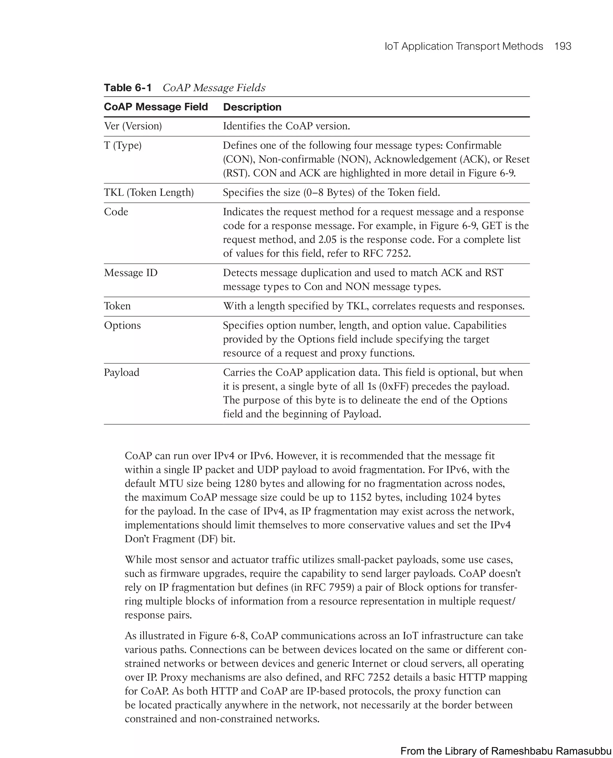 IoT Application Transport Methods 193
Table 6-1 CoAP Message Fields
CoAP Message Field Description
Ver (Version) Identifies the CoAP version.
T (Type) Defines one of the following four message types: Confirmable
(CON), Non-confirmable (NON), Acknowledgement (ACK), or Reset
(RST). CON and ACK are highlighted in more detail in Figure 6-9.
TKL (Token Length) Specifies the size (0–8 Bytes) of the Token field.
Code Indicates the request method for a request message and a response
code for a response message. For example, in Figure 6-9, GET is the
request method, and 2.05 is the response code. For a complete list
of values for this field, refer to RFC 7252.
Message ID Detects message duplication and used to match ACK and RST
message types to Con and NON message types.
Token With a length specified by TKL, correlates requests and responses.
Options Specifies option number, length, and option value. Capabilities
provided by the Options field include specifying the target
resource of a request and proxy functions.
Payload Carries the CoAP application data. This field is optional, but when
it is present, a single byte of all 1s (0xFF) precedes the payload.
The purpose of this byte is to delineate the end of the Options
field and the beginning of Payload.
CoAP can run over IPv4 or IPv6. However, it is recommended that the message fit
within a single IP packet and UDP payload to avoid fragmentation. For IPv6, with the
default MTU size being 1280 bytes and allowing for no fragmentation across nodes,
the maximum CoAP message size could be up to 1152 bytes, including 1024 bytes
for the payload. In the case of IPv4, as IP fragmentation may exist across the network,
implementations should limit themselves to more conservative values and set the IPv4
Don’t Fragment (DF) bit.
While most sensor and actuator traffic utilizes small-packet payloads, some use cases,
such as firmware upgrades, require the capability to send larger payloads. CoAP doesn’t
rely on IP fragmentation but defines (in RFC 7959) a pair of Block options for transfer-
ring multiple blocks of information from a resource representation in multiple request/
response pairs.
As illustrated in Figure 6-8, CoAP communications across an IoT infrastructure can take
various paths. Connections can be between devices located on the same or different con-
strained networks or between devices and generic Internet or cloud servers, all operating
over IP. Proxy mechanisms are also defined, and RFC 7252 details a basic HTTP mapping
for CoAP. As both HTTP and CoAP are IP-based protocols, the proxy function can
be located practically anywhere in the network, not necessarily at the border between
constrained and non-constrained networks.
From the Library of Rameshbabu Ramasubbu
 