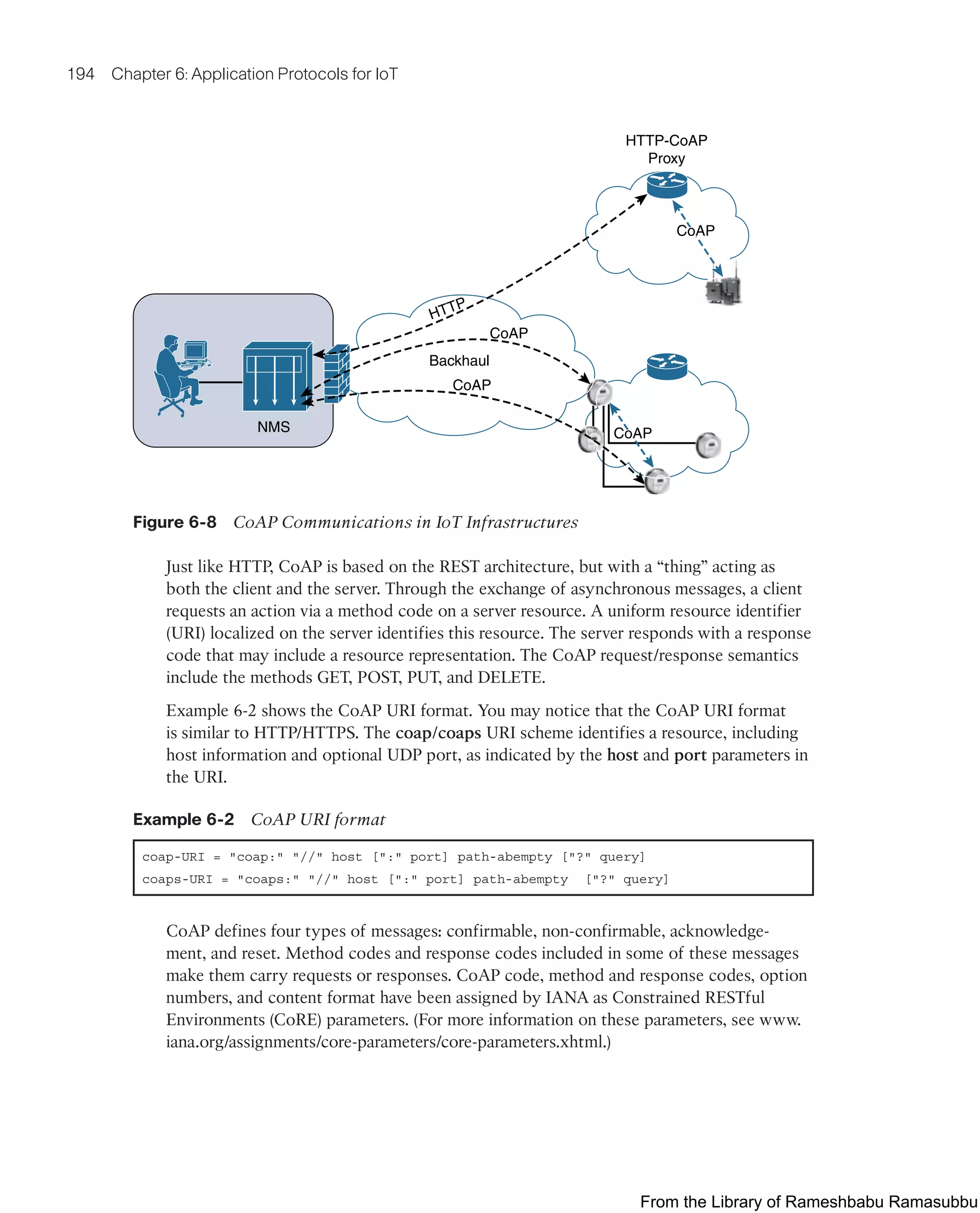 194 Chapter 6: Application Protocols for IoT
NMS
Backhaul
HTTP-CoAP
Proxy
CoAP
CoAP
CoAP
CoAP
CoAP
CoAP
CoAP
CoAP
HTTP
Figure 6-8 CoAP Communications in IoT Infrastructures
Just like HTTP, CoAP is based on the REST architecture, but with a “thing” acting as
both the client and the server. Through the exchange of asynchronous messages, a client
requests an action via a method code on a server resource. A uniform resource identifier
(URI) localized on the server identifies this resource. The server responds with a response
code that may include a resource representation. The CoAP request/response semantics
include the methods GET, POST, PUT, and DELETE.
Example 6-2 shows the CoAP URI format. You may notice that the CoAP URI format
is similar to HTTP/HTTPS. The coap/coaps URI scheme identifies a resource, including
host information and optional UDP port, as indicated by the host and port parameters in
the URI.
Example 6-2 CoAP URI format
coap-URI = "coap:" "//" host [":" port] path-abempty ["?" query]
coaps-URI = "coaps:" "//" host [":" port] path-abempty ["?" query]
CoAP defines four types of messages: confirmable, non-confirmable, acknowledge-
ment, and reset. Method codes and response codes included in some of these messages
make them carry requests or responses. CoAP code, method and response codes, option
numbers, and content format have been assigned by IANA as Constrained RESTful
Environments (CoRE) parameters. (For more information on these parameters, see www.
iana.org/assignments/core-parameters/core-parameters.xhtml.)
From the Library of Rameshbabu Ramasubbu
 