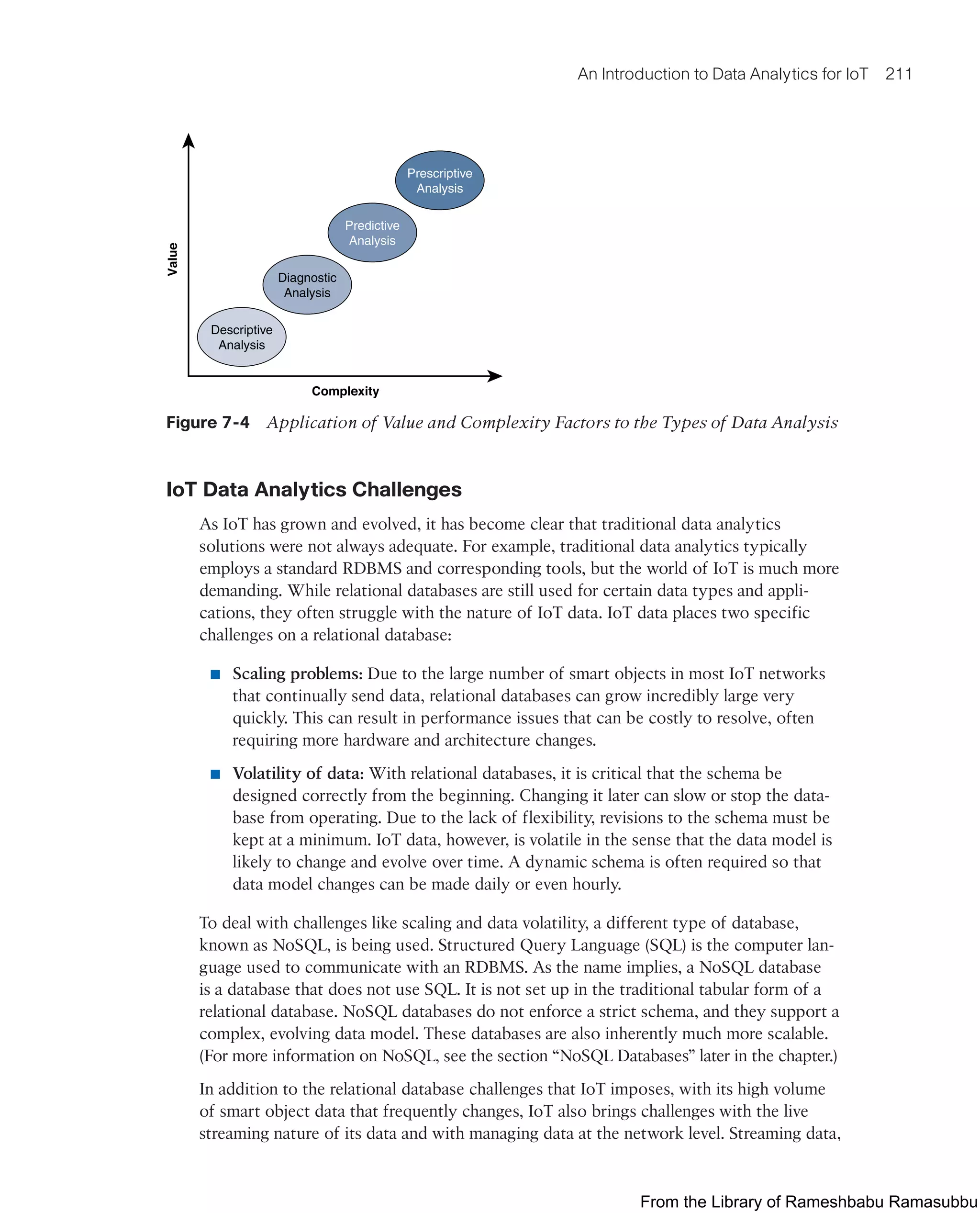 An Introduction to Data Analytics for IoT 211
Descriptive
Analysis
Diagnostic
Analysis
Predictive
Analysis
Prescriptive
Analysis
Value
Complexity
Figure 7-4 Application of Value and Complexity Factors to the Types of Data Analysis
IoT Data Analytics Challenges
As IoT has grown and evolved, it has become clear that traditional data analytics
solutions were not always adequate. For example, traditional data analytics typically
employs a standard RDBMS and corresponding tools, but the world of IoT is much more
demanding. While relational databases are still used for certain data types and appli-
cations, they often struggle with the nature of IoT data. IoT data places two specific
challenges on a relational database:
■ Scaling problems: Due to the large number of smart objects in most IoT networks
that continually send data, relational databases can grow incredibly large very
quickly. This can result in performance issues that can be costly to resolve, often
requiring more hardware and architecture changes.
■ Volatility of data: With relational databases, it is critical that the schema be
designed correctly from the beginning. Changing it later can slow or stop the data-
base from operating. Due to the lack of flexibility, revisions to the schema must be
kept at a minimum. IoT data, however, is volatile in the sense that the data model is
likely to change and evolve over time. A dynamic schema is often required so that
data model changes can be made daily or even hourly.
To deal with challenges like scaling and data volatility, a different type of database,
known as NoSQL, is being used. Structured Query Language (SQL) is the computer lan-
guage used to communicate with an RDBMS. As the name implies, a NoSQL database
is a database that does not use SQL. It is not set up in the traditional tabular form of a
relational database. NoSQL databases do not enforce a strict schema, and they support a
complex, evolving data model. These databases are also inherently much more scalable.
(For more information on NoSQL, see the section “NoSQL Databases” later in the chapter.)
In addition to the relational database challenges that IoT imposes, with its high volume
of smart object data that frequently changes, IoT also brings challenges with the live
streaming nature of its data and with managing data at the network level. Streaming data,
From the Library of Rameshbabu Ramasubbu
 