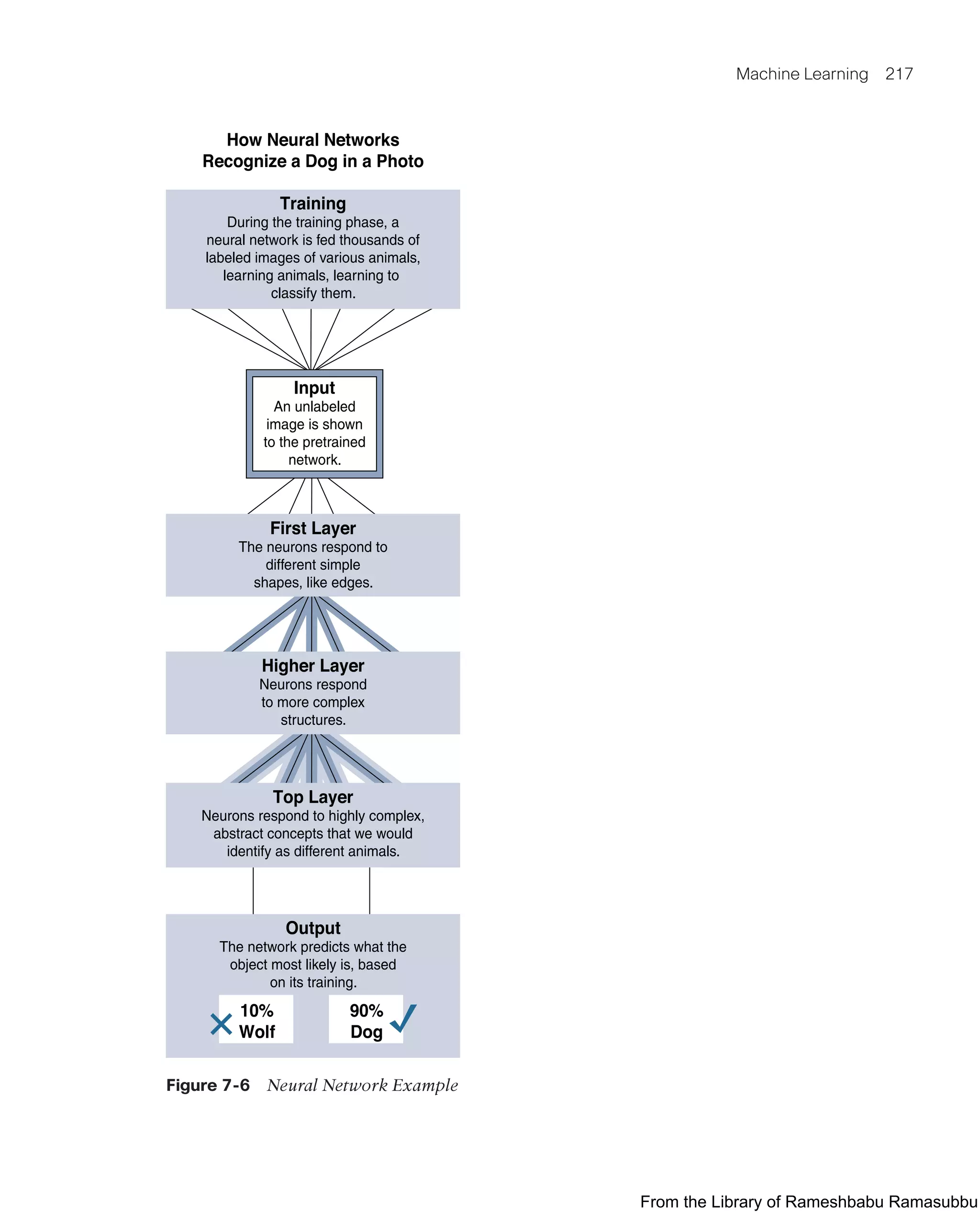 Machine Learning 217
How Neural Networks
Recognize a Dog in a Photo
Training
During the training phase, a
neural network is fed thousands of
labeled images of various animals,
learning animals, learning to
classify them.
Input
An unlabeled
image is shown
to the pretrained
network.
First Layer
The neurons respond to
different simple
shapes, like edges.
Higher Layer
Neurons respond
to more complex
structures.
Top Layer
Neurons respond to highly complex,
abstract concepts that we would
identify as different animals.
Output
The network predicts what the
object most likely is, based
on its training.
10%
Wolf
90%
Dog
Figure 7-6 Neural Network Example
From the Library of Rameshbabu Ramasubbu
 