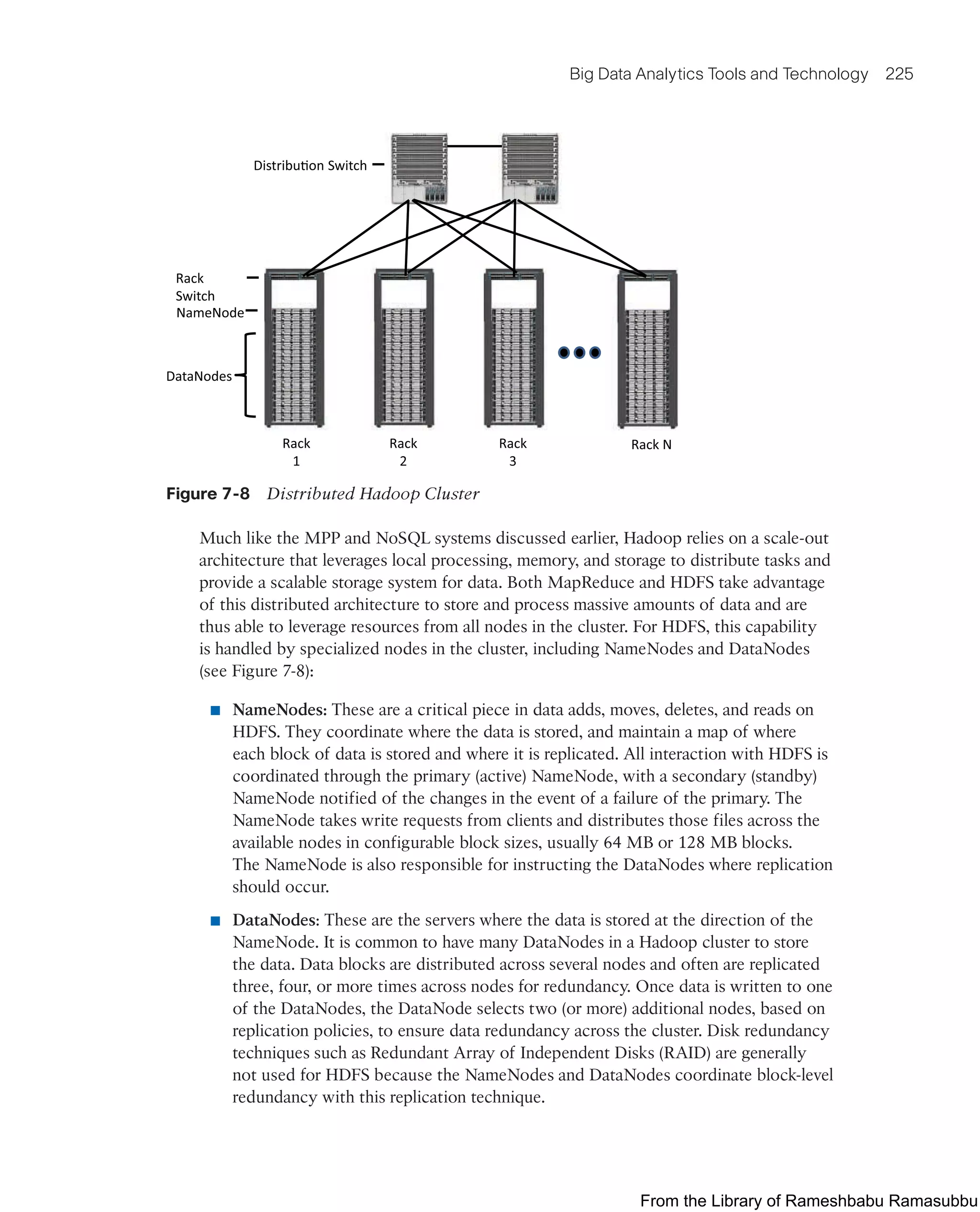 Big Data Analytics Tools and Technology 225
Rack
1
Rack
2
Rack
3
Rack N
NameNode
Rack
Switch
DataNodes
Distribuon Switch
Figure 7-8 Distributed Hadoop Cluster
Much like the MPP and NoSQL systems discussed earlier, Hadoop relies on a scale-out
architecture that leverages local processing, memory, and storage to distribute tasks and
provide a scalable storage system for data. Both MapReduce and HDFS take advantage
of this distributed architecture to store and process massive amounts of data and are
thus able to leverage resources from all nodes in the cluster. For HDFS, this capability
is handled by specialized nodes in the cluster, including NameNodes and DataNodes
(see Figure 7-8):
■ NameNodes: These are a critical piece in data adds, moves, deletes, and reads on
HDFS. They coordinate where the data is stored, and maintain a map of where
each block of data is stored and where it is replicated. All interaction with HDFS is
coordinated through the primary (active) NameNode, with a secondary (standby)
NameNode notified of the changes in the event of a failure of the primary. The
NameNode takes write requests from clients and distributes those files across the
available nodes in configurable block sizes, usually 64 MB or 128 MB blocks.
The NameNode is also responsible for instructing the DataNodes where replication
should occur.
■ DataNodes: These are the servers where the data is stored at the direction of the
NameNode. It is common to have many DataNodes in a Hadoop cluster to store
the data. Data blocks are distributed across several nodes and often are replicated
three, four, or more times across nodes for redundancy. Once data is written to one
of the DataNodes, the DataNode selects two (or more) additional nodes, based on
replication policies, to ensure data redundancy across the cluster. Disk redundancy
techniques such as Redundant Array of Independent Disks (RAID) are generally
not used for HDFS because the NameNodes and DataNodes coordinate block-level
redundancy with this replication technique.
From the Library of Rameshbabu Ramasubbu
 