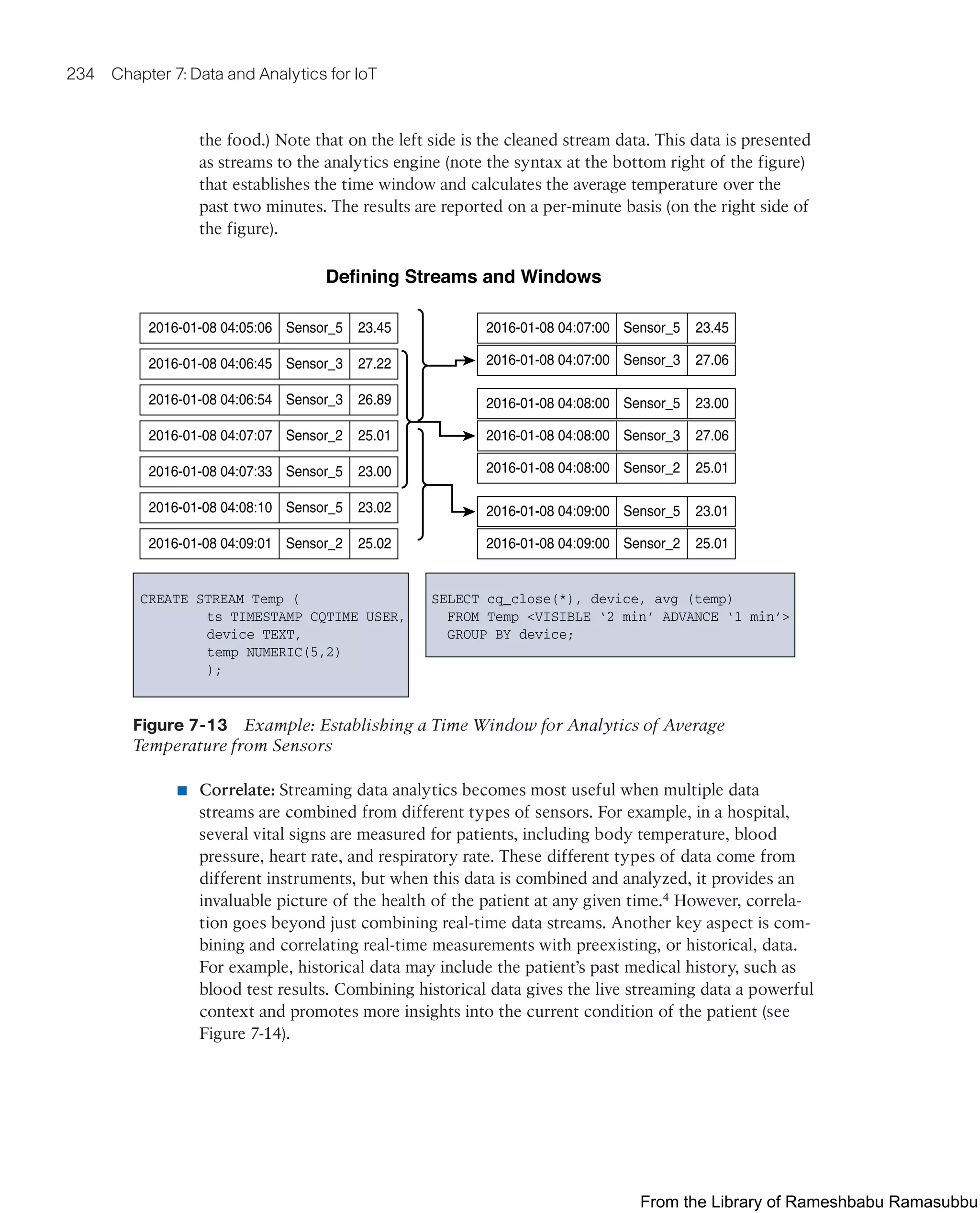 234 Chapter 7: Data and Analytics for IoT
the food.) Note that on the left side is the cleaned stream data. This data is presented
as streams to the analytics engine (note the syntax at the bottom right of the figure)
that establishes the time window and calculates the average temperature over the
past two minutes. The results are reported on a per-minute basis (on the right side of
the figure).
CREATE STREAM Temp (
ts TIMESTAMP CQTIME USER,
device TEXT,
temp NUMERIC(5,2)
);
SELECT cq_close(*), device, avg (temp)
FROM Temp VISIBLE ‘2 min’ ADVANCE ‘1 min’
GROUP BY device;
2016-01-08 04:05:06 Sensor_5 23.45 2016-01-08 04:07:00 Sensor_5 23.45
2016-01-08 04:06:45 Sensor_3 27.22 2016-01-08 04:07:00 Sensor_3 27.06
2016-01-08 04:06:54 Sensor_3 26.89 2016-01-08 04:08:00 Sensor_5 23.00
2016-01-08 04:07:07 Sensor_2 25.01 2016-01-08 04:08:00 Sensor_3 27.06
2016-01-08 04:07:33 Sensor_5 23.00 2016-01-08 04:08:00 Sensor_2 25.01
2016-01-08 04:08:10 Sensor_5 23.02 2016-01-08 04:09:00 Sensor_5 23.01
2016-01-08 04:09:01 Sensor_2 25.02 2016-01-08 04:09:00 Sensor_2 25.01
Defining Streams and Windows
Figure 7-13 Example: Establishing a Time Window for Analytics of Average
Temperature from Sensors
■ Correlate: Streaming data analytics becomes most useful when multiple data
streams are combined from different types of sensors. For example, in a hospital,
several vital signs are measured for patients, including body temperature, blood
pressure, heart rate, and respiratory rate. These different types of data come from
different instruments, but when this data is combined and analyzed, it provides an
invaluable picture of the health of the patient at any given time.4 However, correla-
tion goes beyond just combining real-time data streams. Another key aspect is com-
bining and correlating real-time measurements with preexisting, or historical, data.
For example, historical data may include the patient’s past medical history, such as
blood test results. Combining historical data gives the live streaming data a powerful
context and promotes more insights into the current condition of the patient (see
Figure 7-14).
From the Library of Rameshbabu Ramasubbu
 